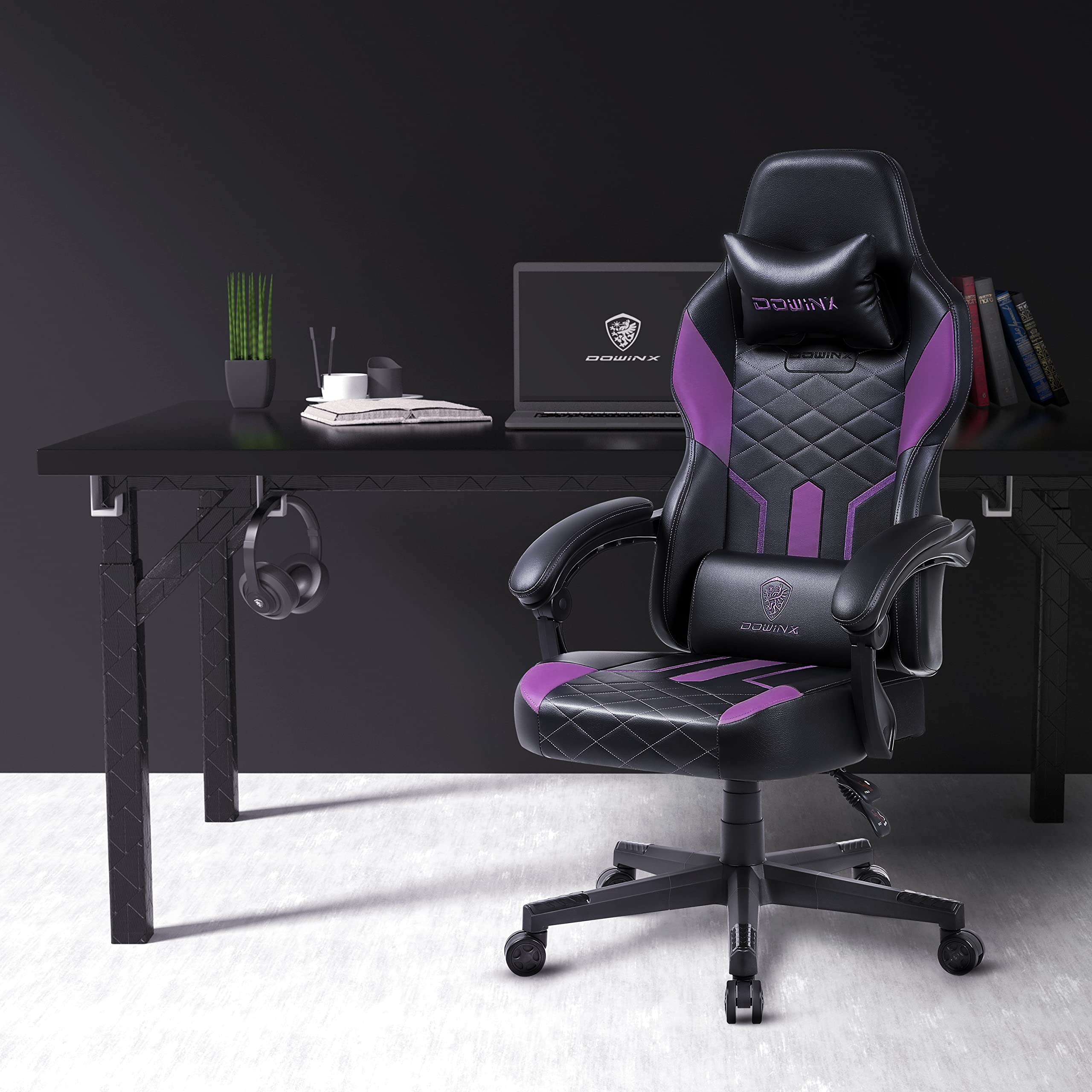 Dowinx Ergonomic Gaming Chair with Pocket Spring Cushion - High Back PU Leather Computer Chair, 350LBS Capacity, Reclining Video Game Chair (Purple) - Perfect for Esports, Streaming & Home Office Setup