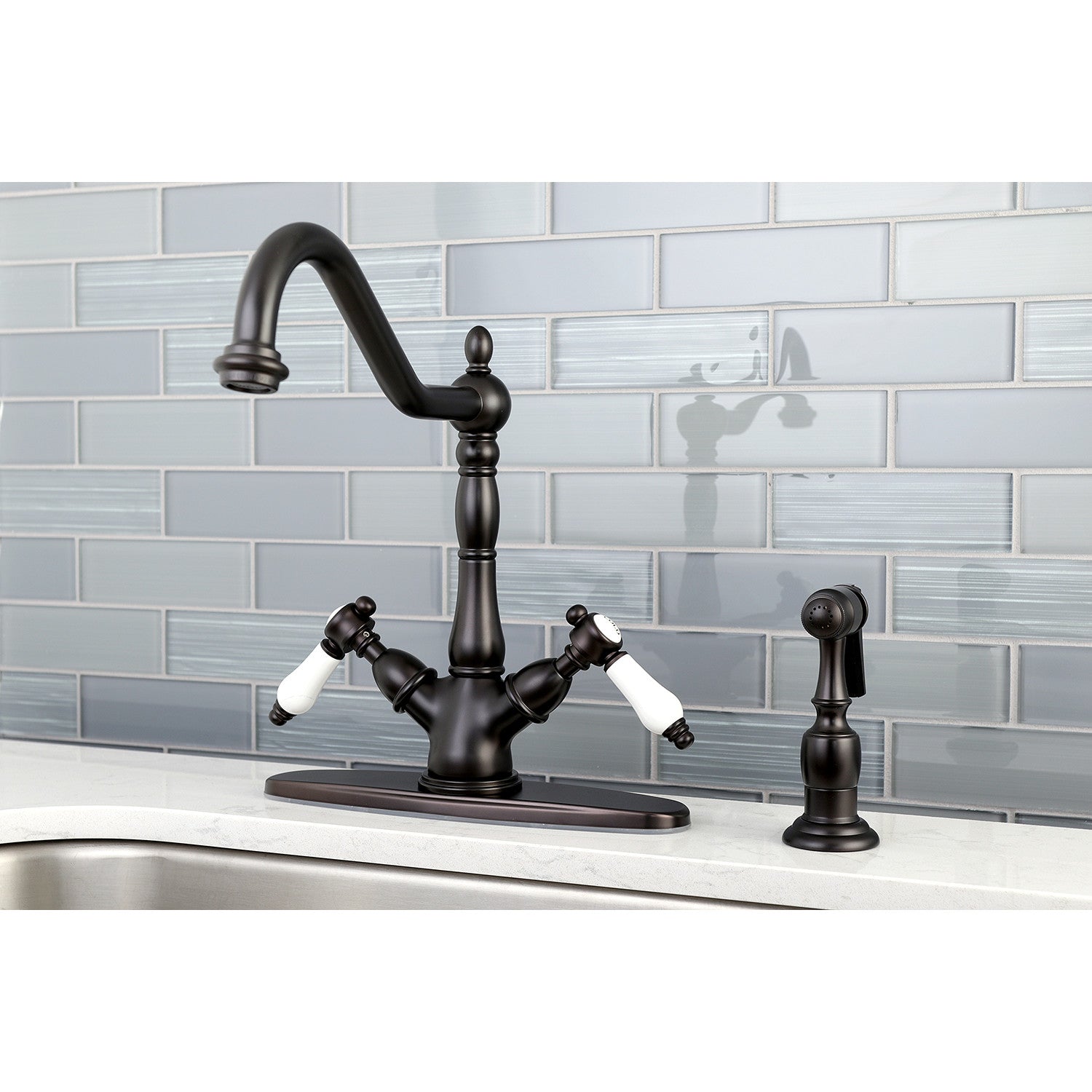 Bel Air KS1235BPLBS Two Handle 2 or 4 Hole Kitchen Faucet with Deck Plate & Brass Sprayer - Oil Rubbed Bronze Finish for Modern Farmhouse & Traditional Kitchens