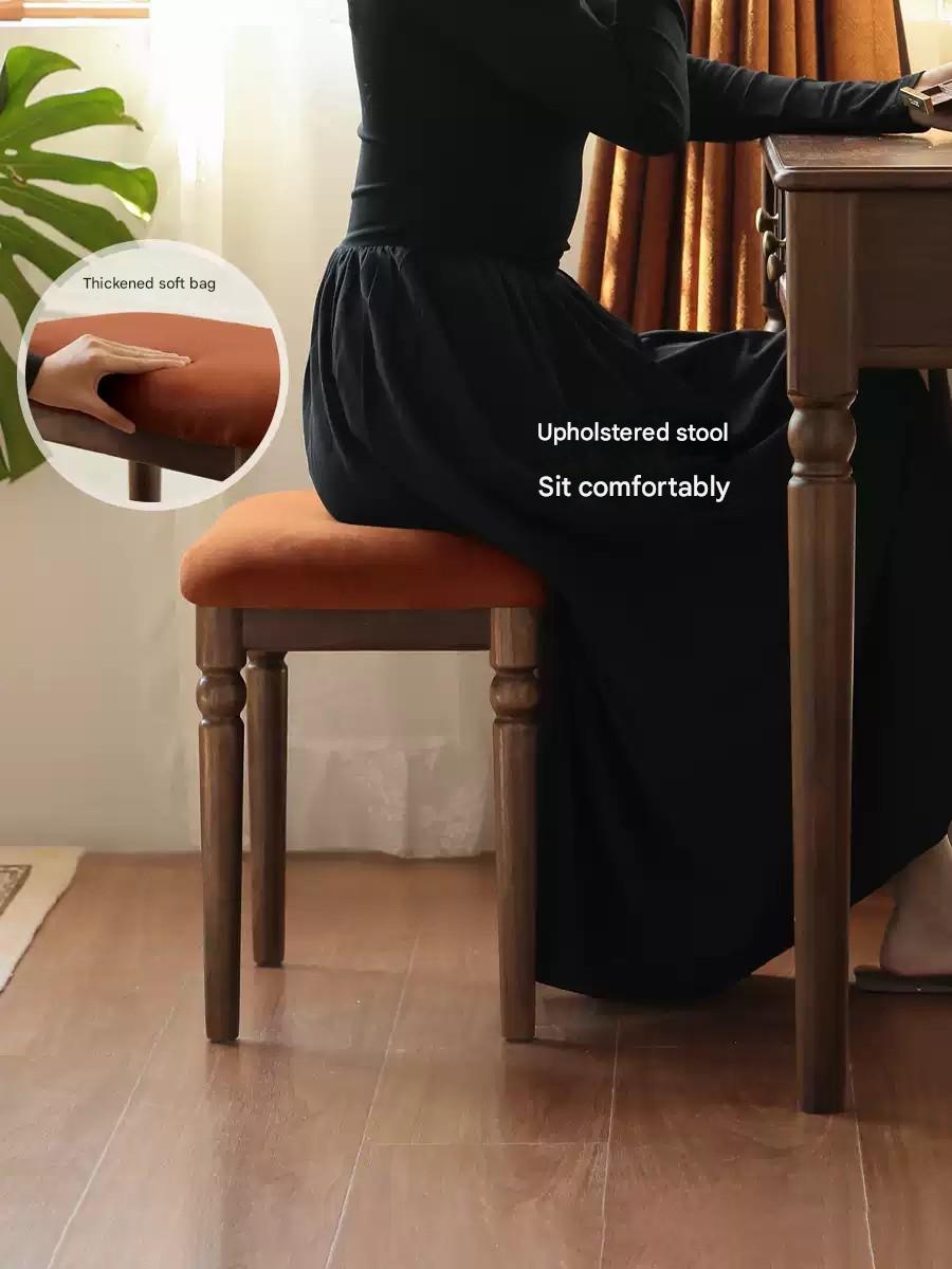 Vintage American Black Walnut Solid Wood Makeup Stool - Durable & Stylish Vanity Seat for Bedroom, Dressing Room & Salon (Retro Makeup Chair)