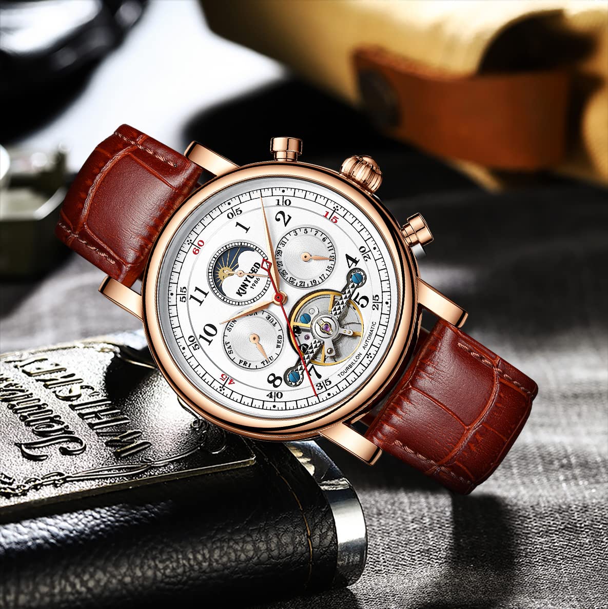IK COLOURING Men's Mechanical Skeleton Watch - 44mm Automatic Self-Wind Wristwatch with Calendar, Week Display, Moon Phase & Tourbillon | Perfect for Business, Formal Events & Luxury Gift Giving