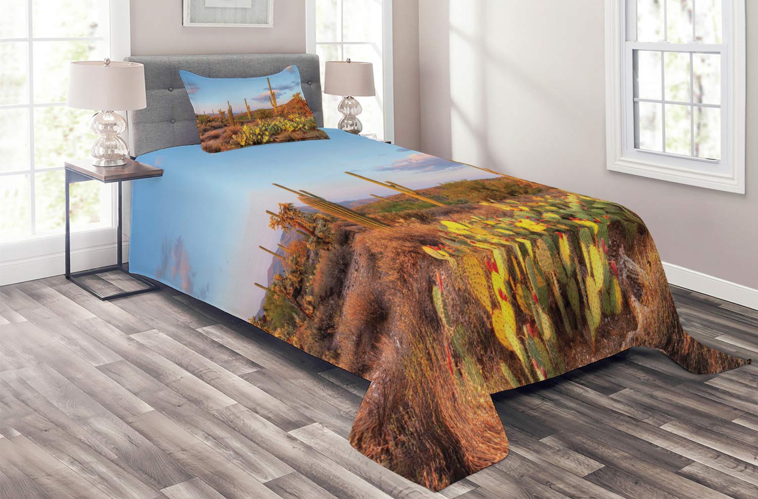 Ambesonne Arizona Quilt Set - Twin Size 2-Piece Bedspread with Pillow Sham, Sonoran Desert Sunset & Cactus Design, Multicolor Southwestern Decor for Bedroom, Guest Room, or Dorm