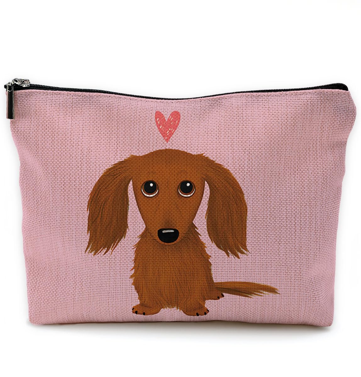 Cute Long-Haired Dachshund Cartoon Wiener Dog Heart Makeup Bag - Pink Zippered Travel Cosmetic Pouch for Toiletries & Makeup Accessories - Perfect for Travel, Gym & Daily Use