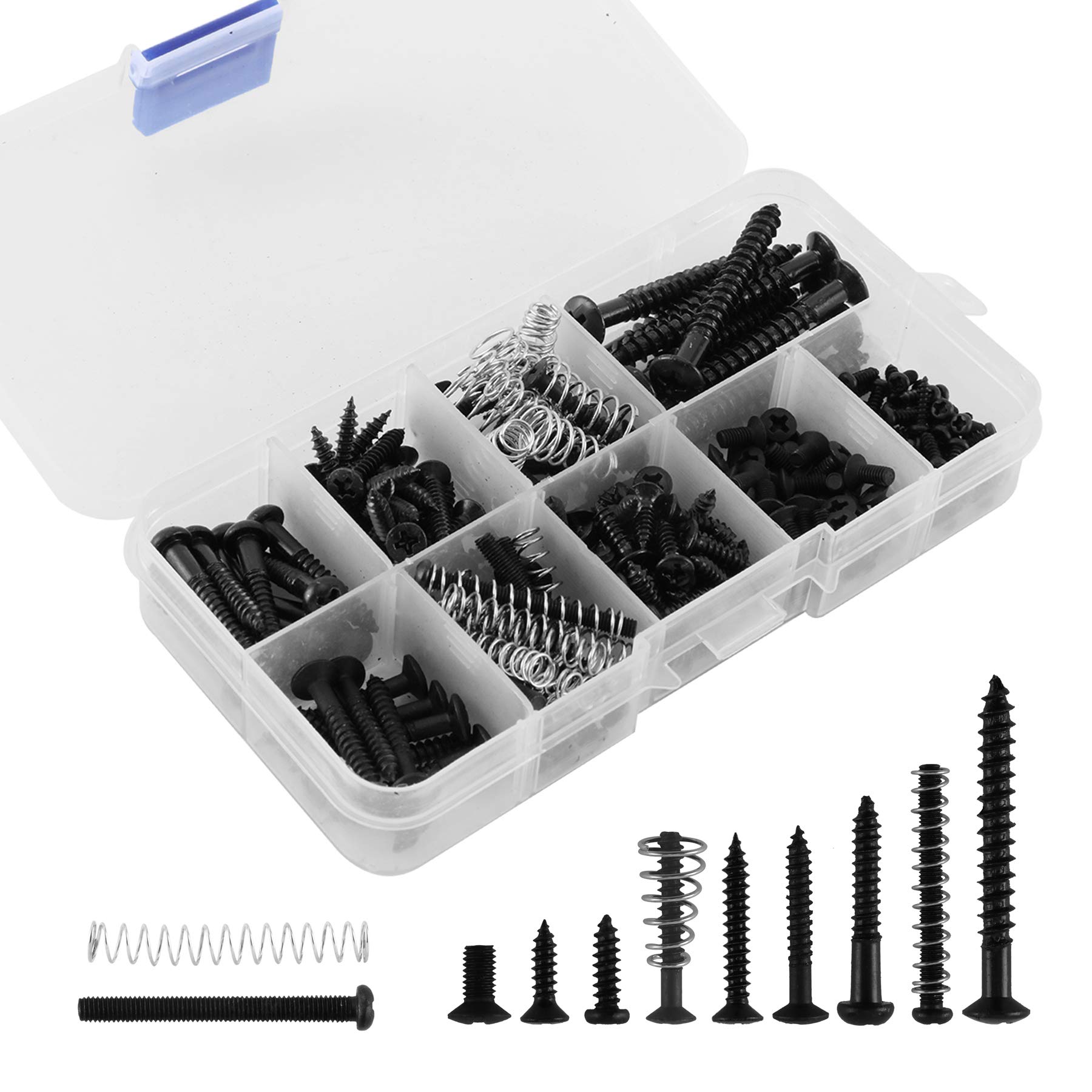 240 PCS Guitar Screw Kit with Springs - 9 Types Electric Guitar Screws & Springs Assortment Set for Bridge, Pickup, Pickguard, Tuner, Switch & Neck Plate - Perfect for Guitar Repair, Maintenance & Upgrades (Black)