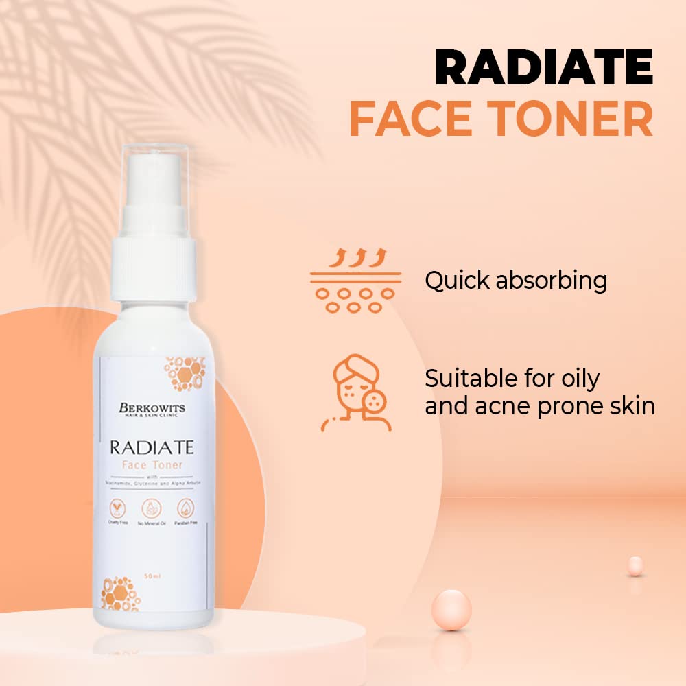 Berkowits Hair & Skin Clinics Radiate Face Toner with Niacinamide, Glycerin & Alpha Arbutin for Men & Women | 50ml | Brightening, Hydrating & Even Skin Tone | Perfect for Daily Skincare Routine & Post-Shave Soothing