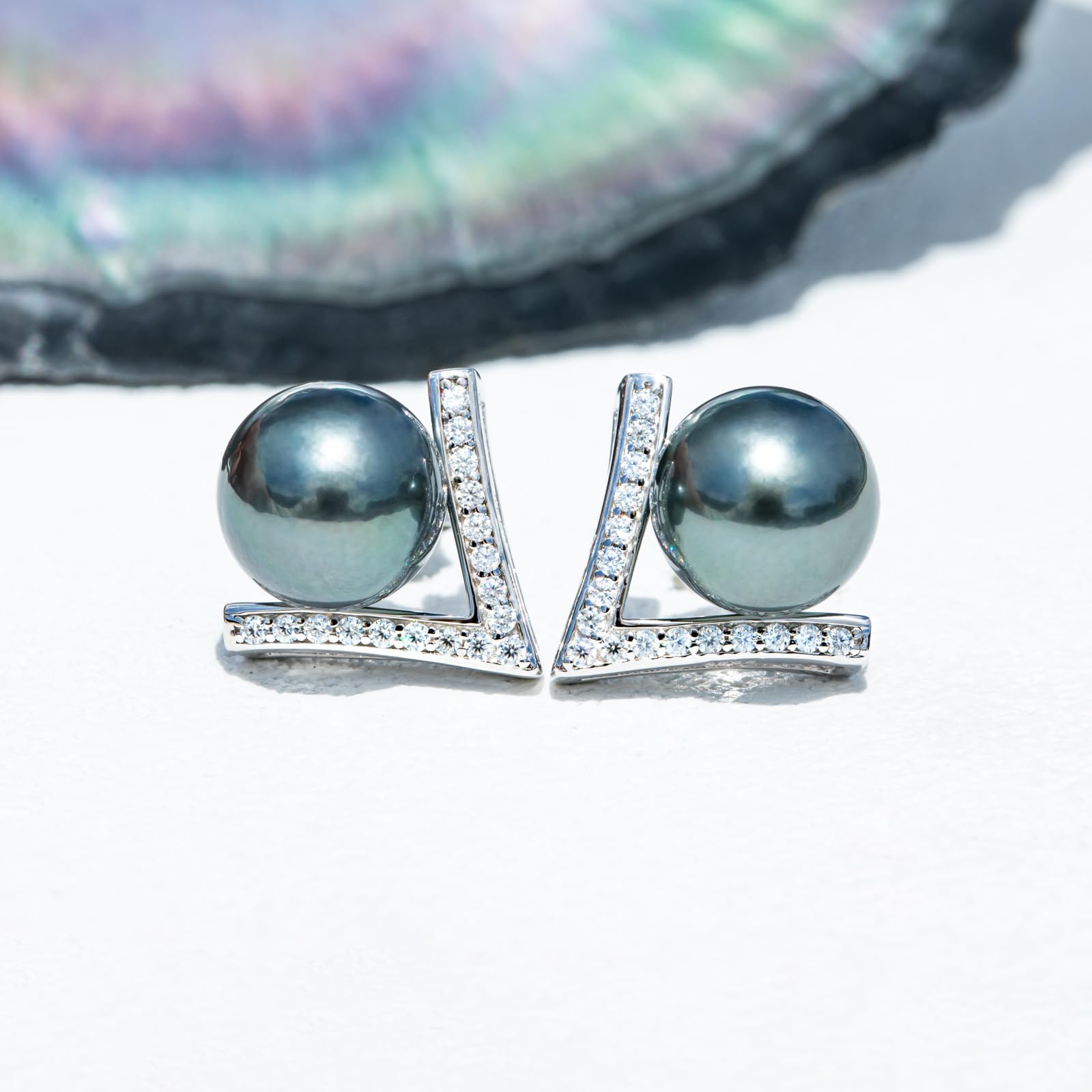 9-10MM AAA Tahitian Black Pearl Stud Earrings - 18K White Gold Plated Sterling Silver with D Color Moissanite - Classic V Design Jewelry for Women - Perfect for Weddings, Anniversaries & Special Occasions