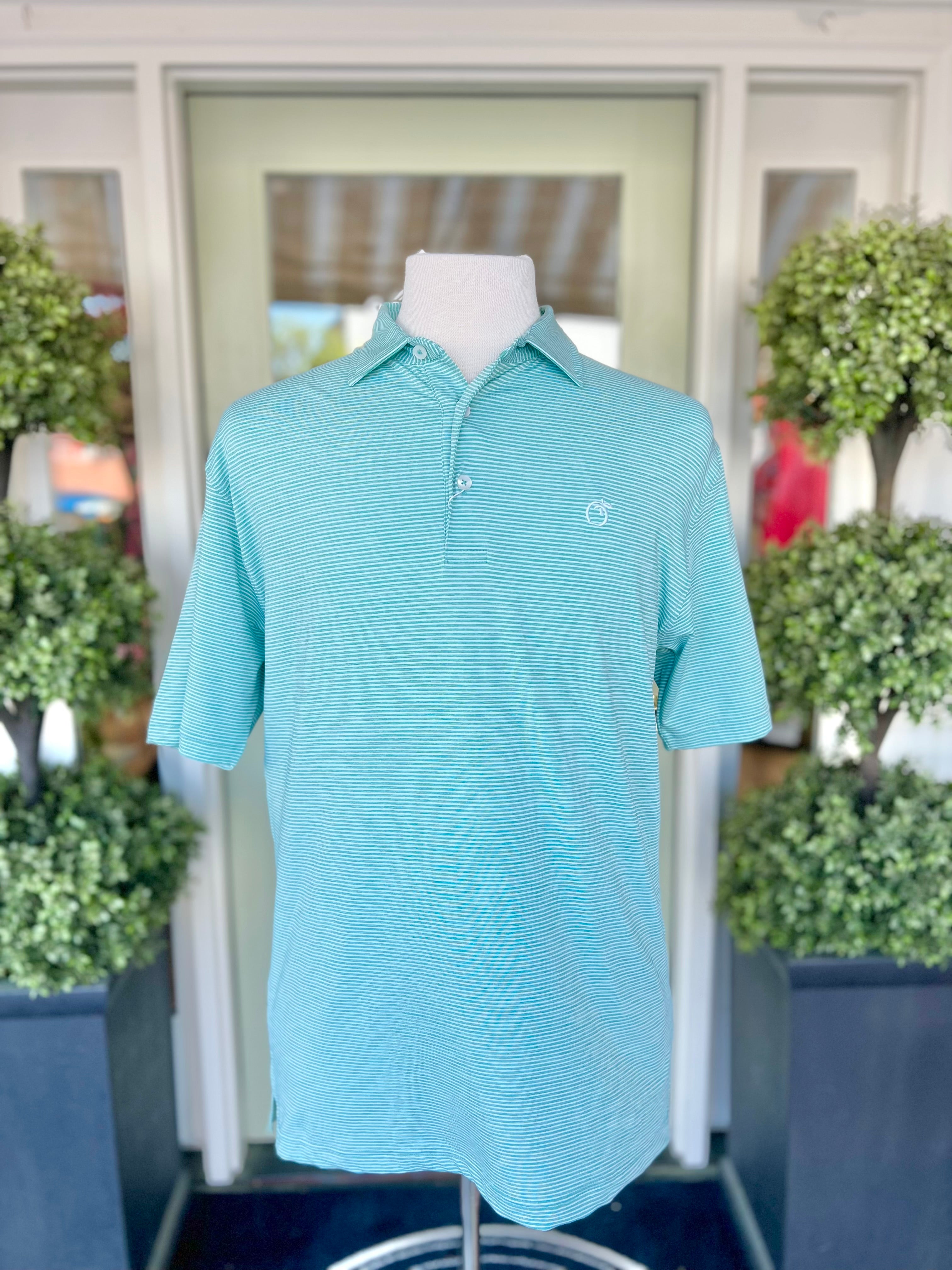 Heathered Azalea Performance Polo Shirt for Men & Women - Moisture Wicking Golf & Tennis Apparel in Pine Green & Cays Blue | Peach State Pride