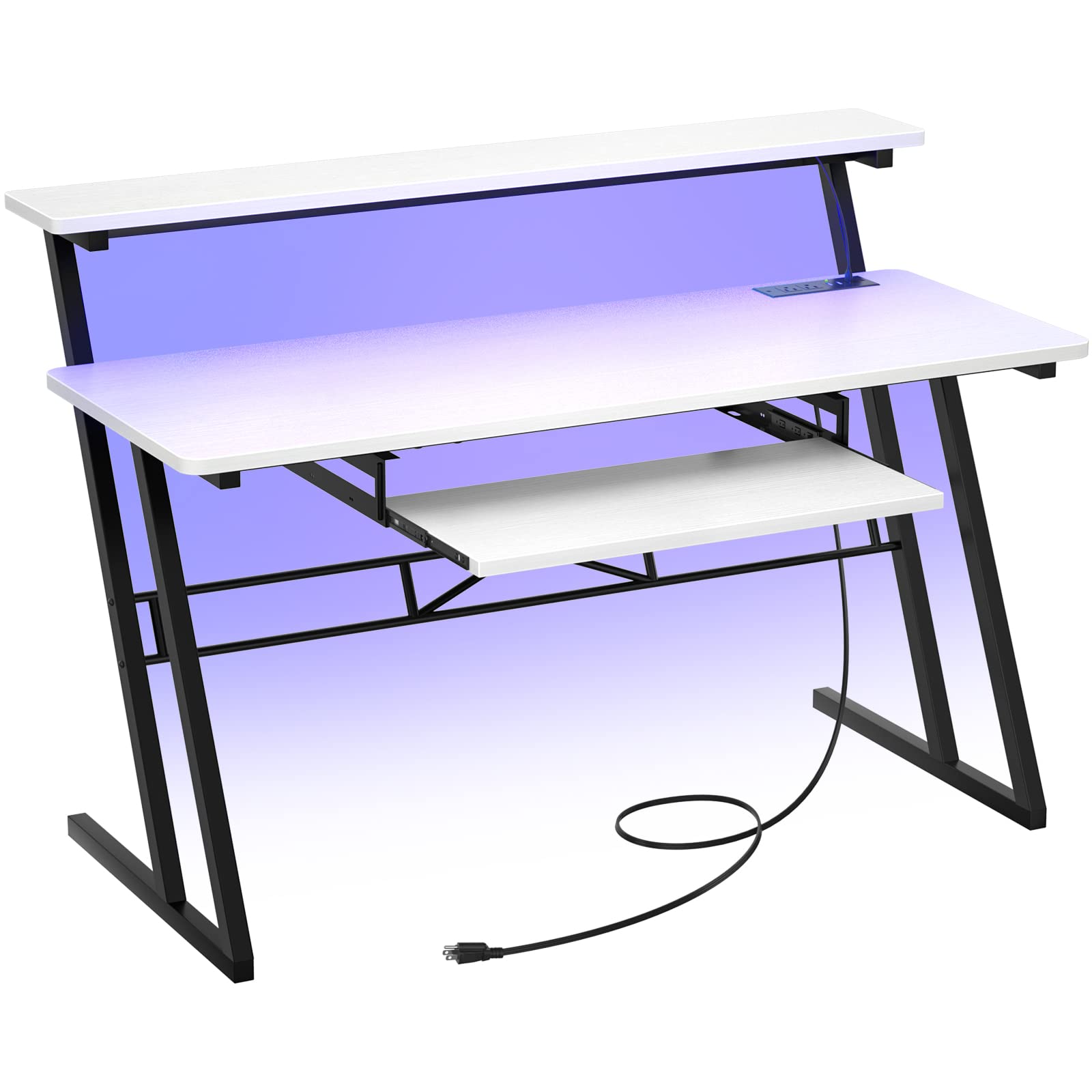 Armocity Music Studio Desk with Power Outlets & RGB LED Lights - Professional Recording Studio Workstation for Music Producers, DJs & Home Studios - Matte White Finish for Modern Music Production Setup