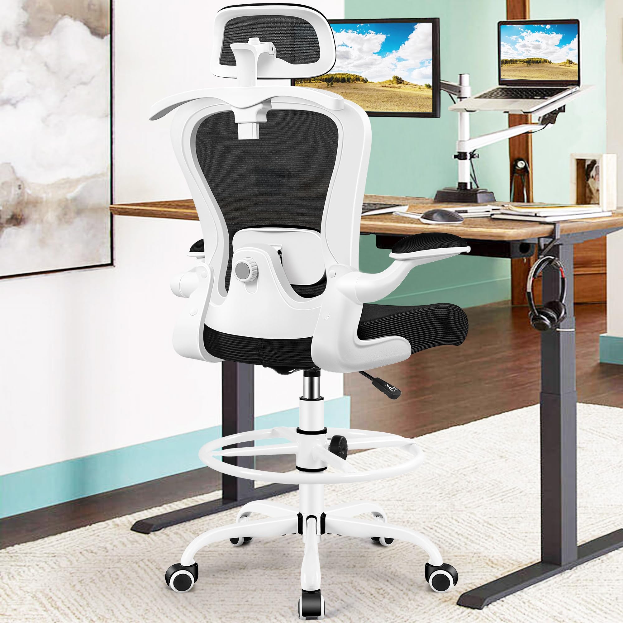 Ergonomic Drafting Chair with 3D Lumbar & Head Support - Adjustable Height Mesh Office Chair with Footrest, Flip-Up Arms & Hanger - Comfortable Tall Chair for Standing Desks, Artists & Drafting Tables (White) - Perfect for Home Office, Studio & Professional Workspaces