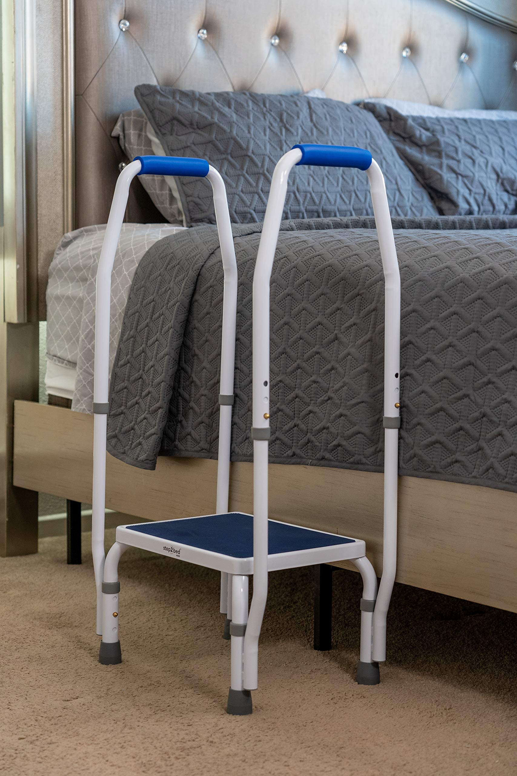 Step2Bed Adjustable Height Mini Step Stool with Handle - Portable Safety Step Stool for Elderly & Seniors with 300 lbs Capacity - Stainless Steel Bedside Assist Rail for Handicap & Mobility Support - Perfect for Bed Access, Bathroom Safety & Home Accessibility Needs