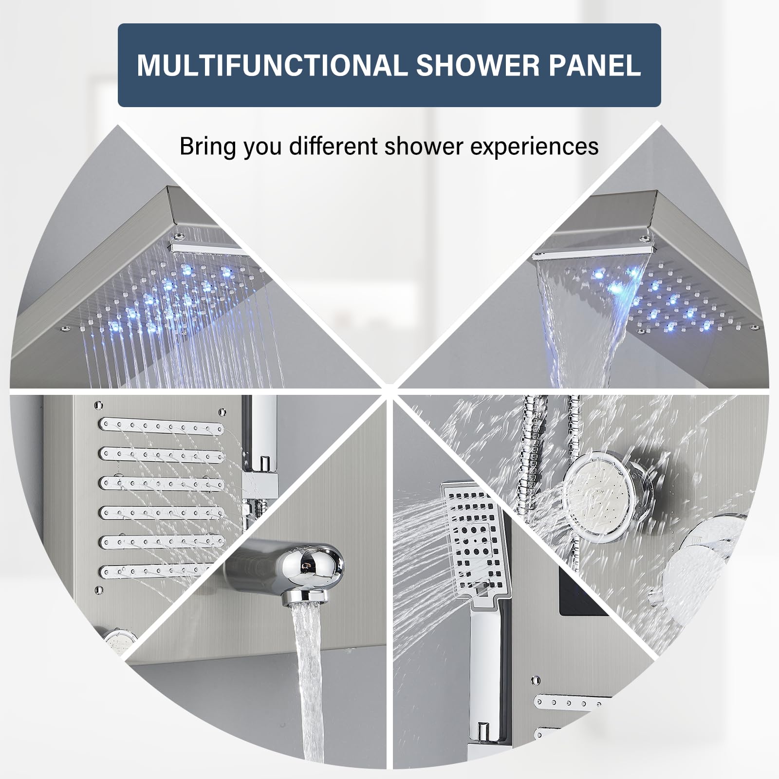 NeierThodore LED Rainfall Shower Panel - Multi-Function Shower Tower System with Massage Jets, Handheld Sprayer & Temperature Display in Brushed Nickel - Perfect for Spa-Like Bathroom Upgrades and Luxury Home Renovations