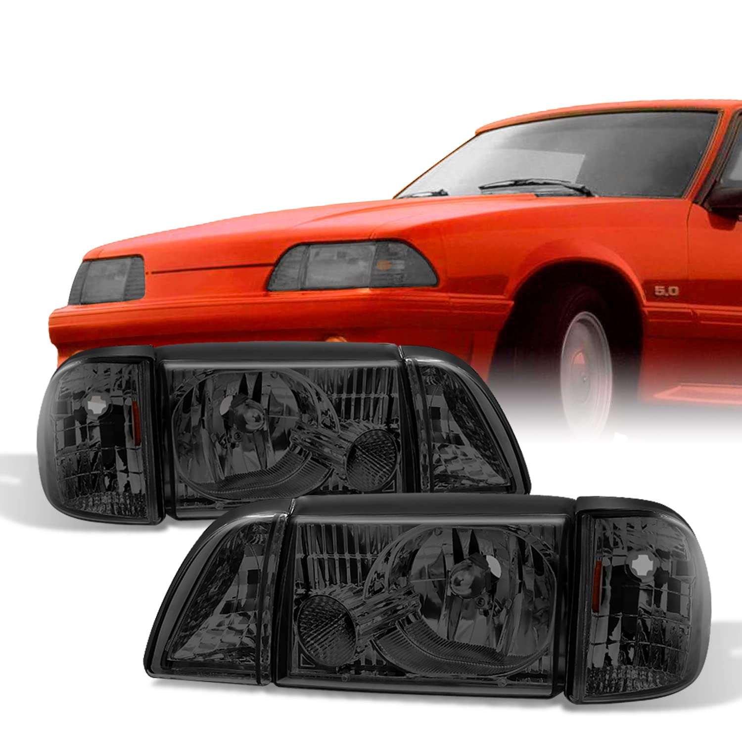 AKKON Smoked Headlights for Ford Mustang - Complete 6Pcs Replacement Set with Corner & Parking Lights | Upgrade Your Ride's Style & Night Visibility