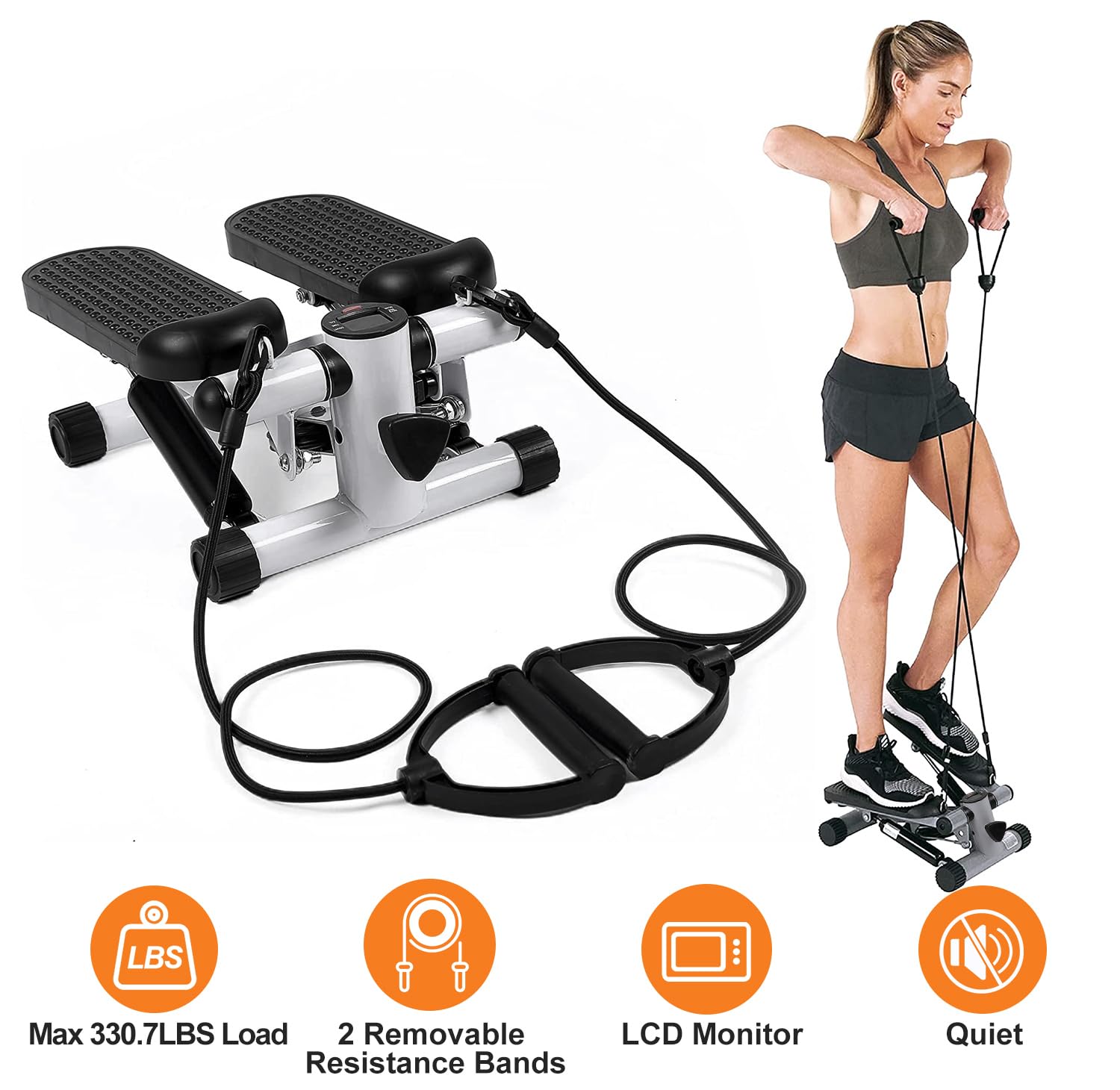 **Mini Stepper for Exercise - Portable Stair Stepper with 2 Resistance Bands & LCD Monitor, 330.7LBS Weight Capacity - Quiet Home & Office Workout Equipment for Cardio, Toning & Fitness**    *(Perfect for Small Spaces, Home Gym, Office Breaks & Low-Impact Cardio)*