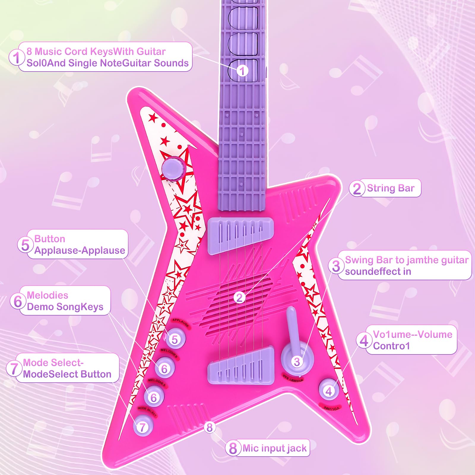 deAO Kids Guitar and Microphone Set - Adjustable Height Musical Toy with Colorful Lights & Stand | Perfect for Birthday Gifts, Karaoke Singing, and Early Music Education for Boys & Girls