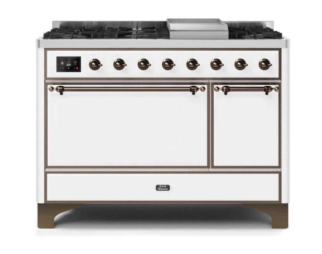 ILVE 48 Inch Majestic II Series Freestanding Dual Fuel Range - 8 Sealed Brass Burners with Non-Stick Coating & Griddle - Propane Gas Stove for Professional Home Kitchen (UM12FDQNS3) | Perfect for Large Family Cooking, Holiday Entertaining & Gourmet Meal Preparation
