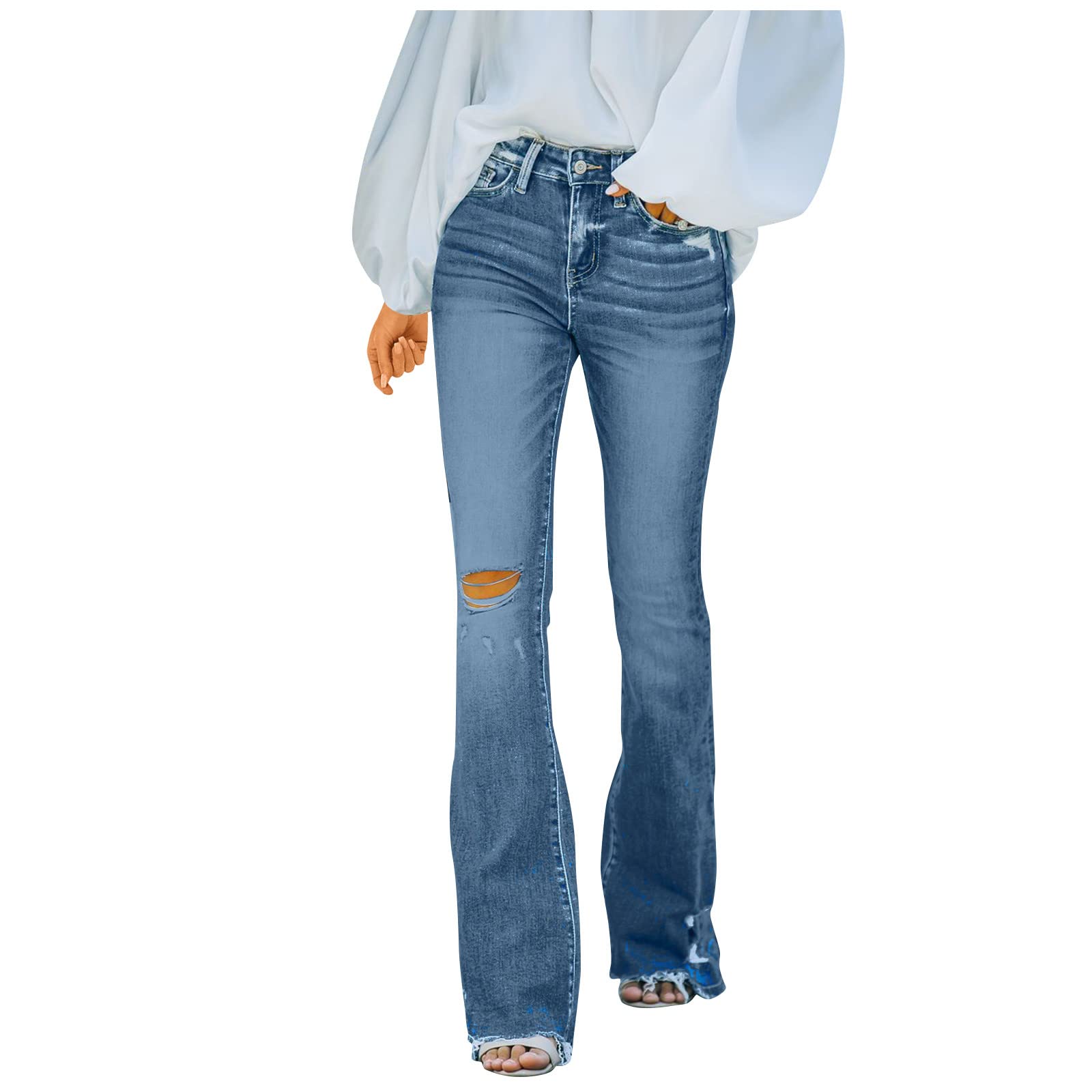 Women's High Waist Bootcut Ripped Boyfriend Jeans - Distressed Stretch Denim Pants for Casual Wear & Street Style Outfits