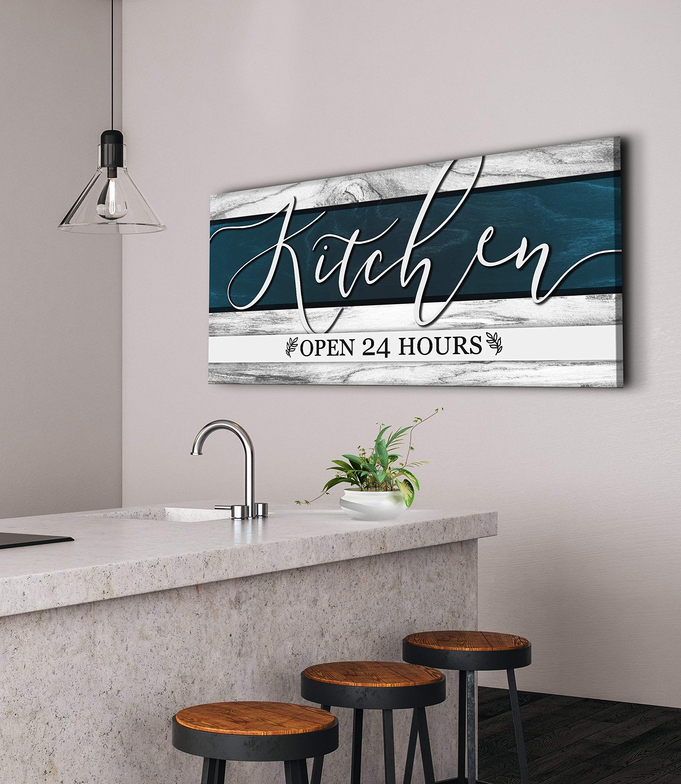 24/7 Kitchen Open Sign - Modern Farmhouse Rustic Wall Art, Large Wood Framed Canvas (42x19, Blue) - Perfect for Country Kitchen Decor & Dining Room Accent