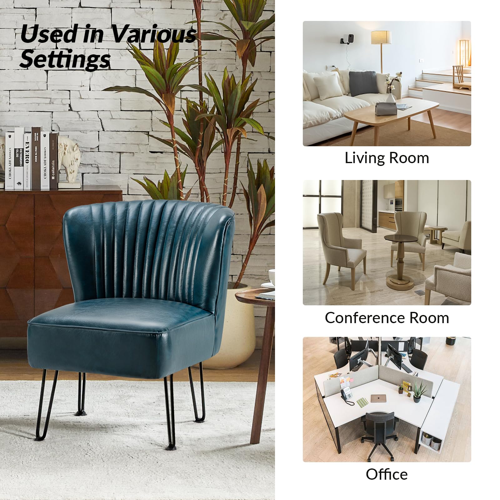 HULALA HOME Set of 2 Mid Century Modern Faux Leather Accent Chairs with Metal Base - Comfortable Upholstered Armless Side Chairs for Living Room, Bedroom, Office in Turquoise - Perfect for Small Spaces, Reading Nooks & Guest Seating