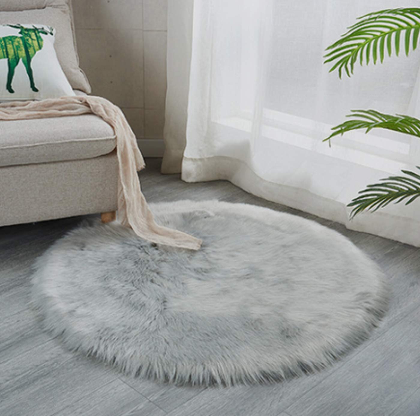Soft Fluffy Faux Fur Round Rug - 6ft Grey Silky Fuzzy Carpet for Living Room, Bedroom & Girls Room - Cozy Home Decor for Winter & Nursery Play Area