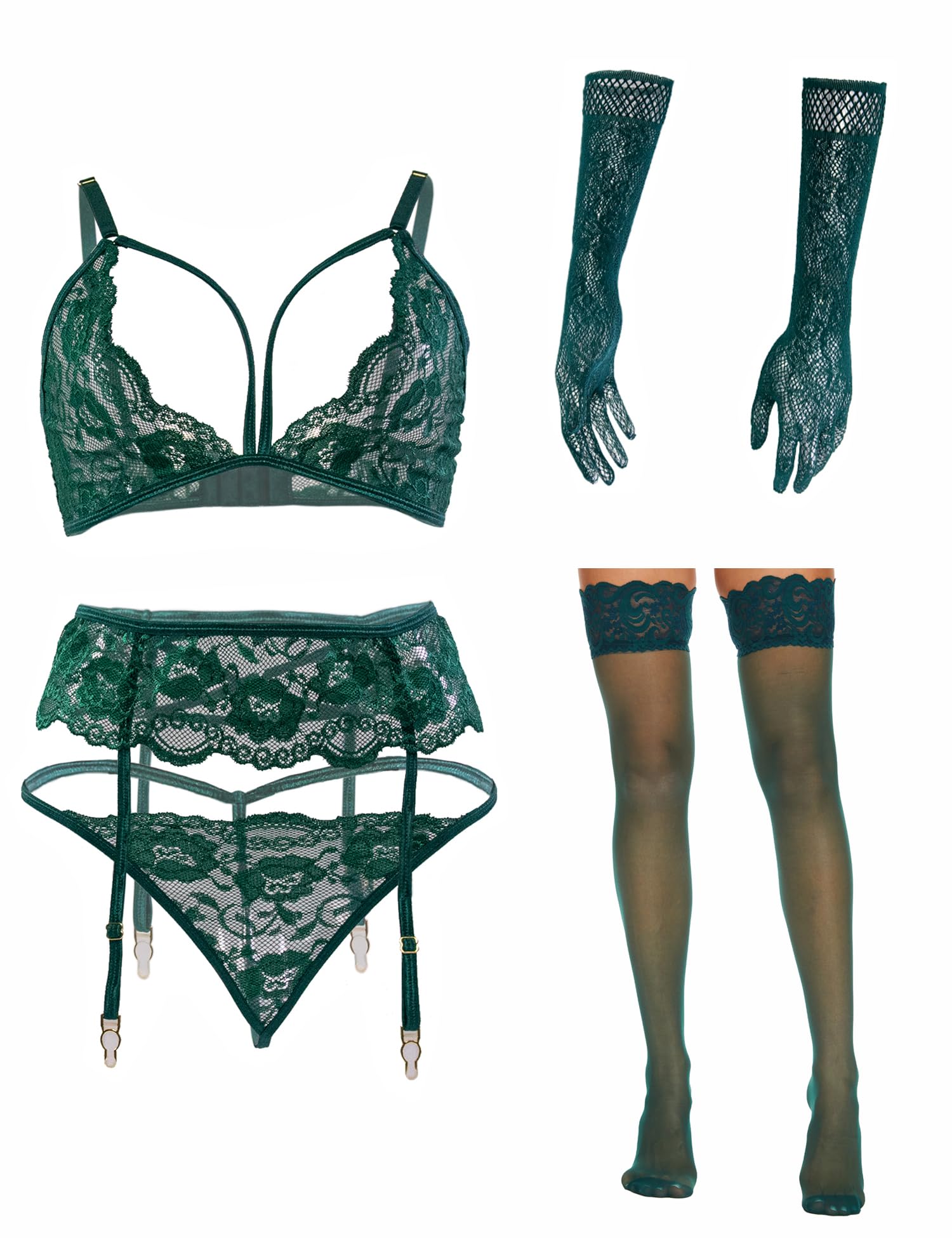 Sexy Women's Lingerie Set with Stockings, Gloves & Garter Belt - Valentine's Day Lingerie & Bridal Nightwear for Romantic Occasions