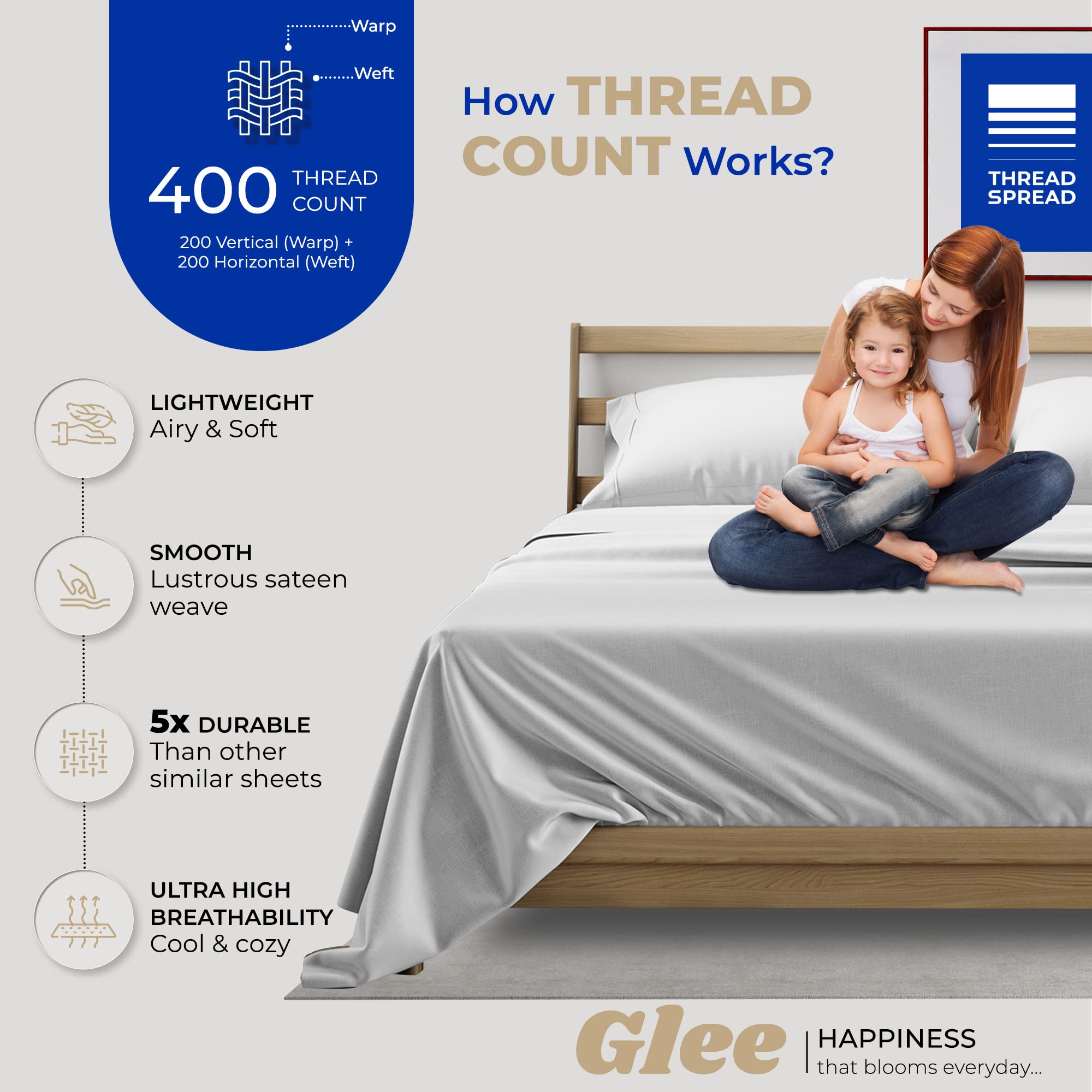 Premium 400 Thread Count 100% Cotton Twin Sheet Set - 3 PC Cooling Luxury Sateen Sheets with 16