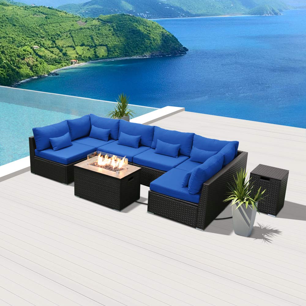 Premium Dineli Outdoor Patio Furniture Set - 7-Piece Sectional Sofa with Rectangular Gas Fire Pit Table, Royal Blue Cushions - Perfect for Backyard, Poolside & Garden Gatherings