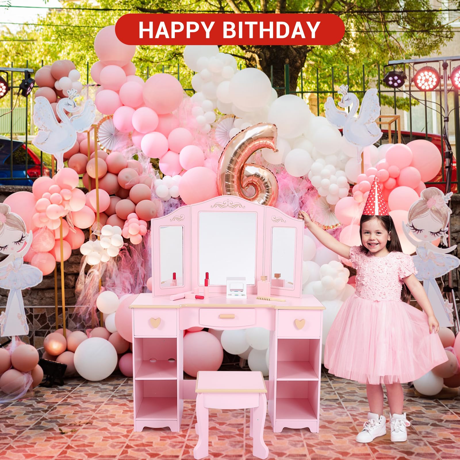 Pink Kids Vanity Set with Stool & Tri-Fold Mirror - Toddler Makeup Desk & Dressing Table with Storage Drawers & Open Shelves - Pretend Play Toy for Girls Age 3+ - Perfect for Birthday Gifts & Bedroom Decor