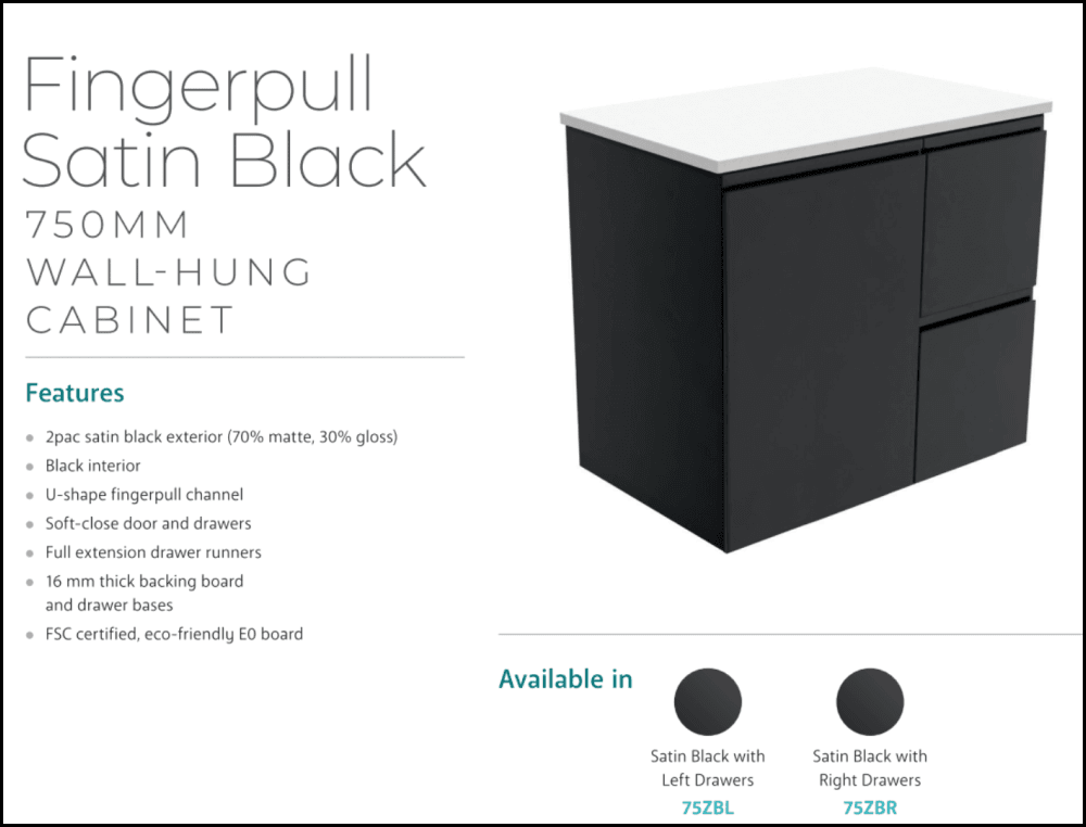 Fienza TCL75ZBL Dolce Black 750mm Wall Mounted Bathroom Vanity with Left Drawers - Modern Space-Saving Design for Small Bathrooms & Powder Rooms