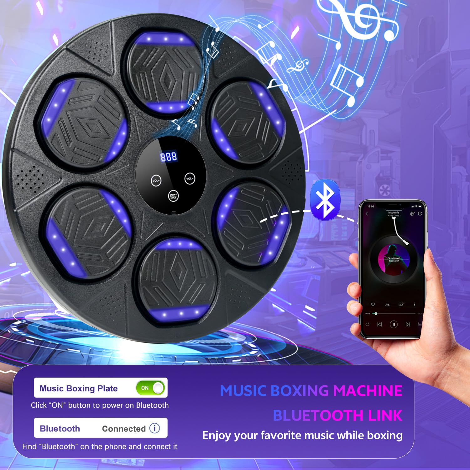 Bluetooth Music Punching Machine for Adults & Kids - Wall Mounted Boxing Equipment with Gloves for Home, Office & Gym - Perfect for Stress Relief, Fitness Training & Family Fun