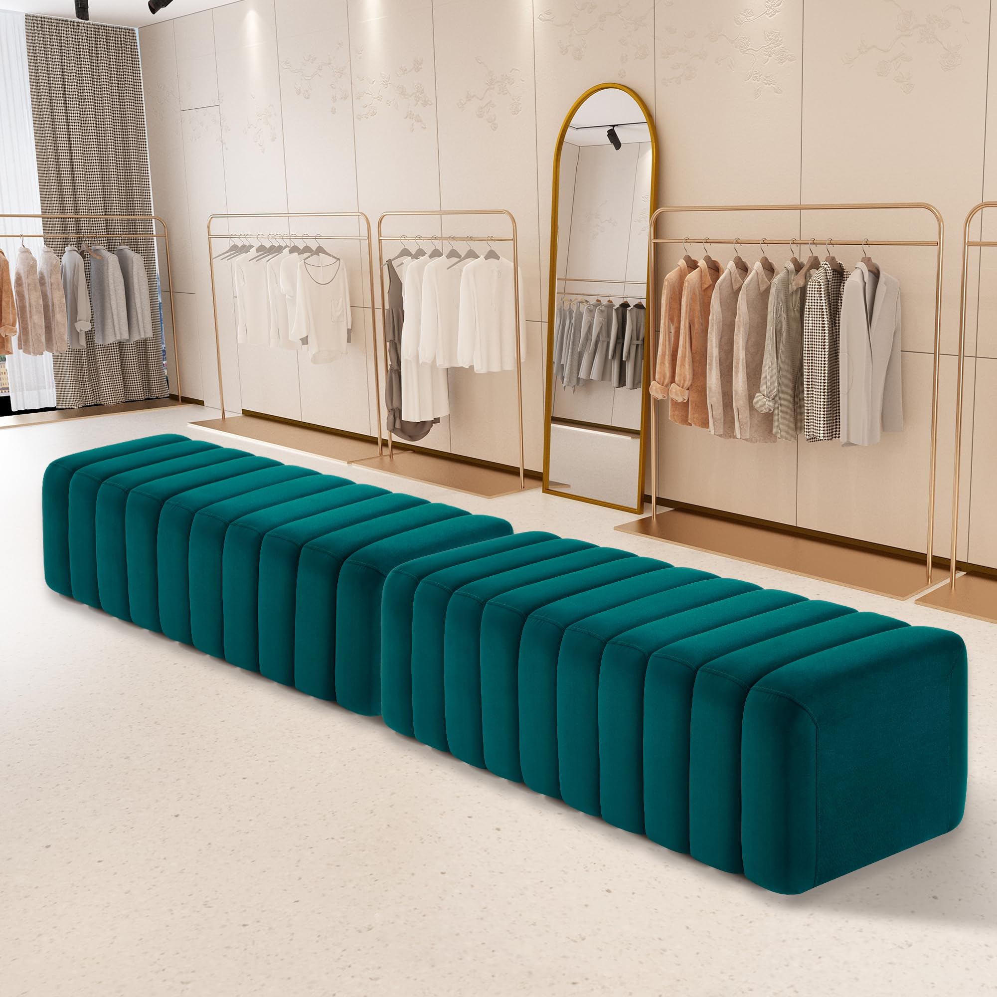 Premium Velvet Upholstered Waiting Room Bench - MCombo 4698 Guest Reception Lobby Chair for Salon, Bedroom Entryway Ottoman - Stylish Green Seating Solution for Commercial Spaces & Home Decor