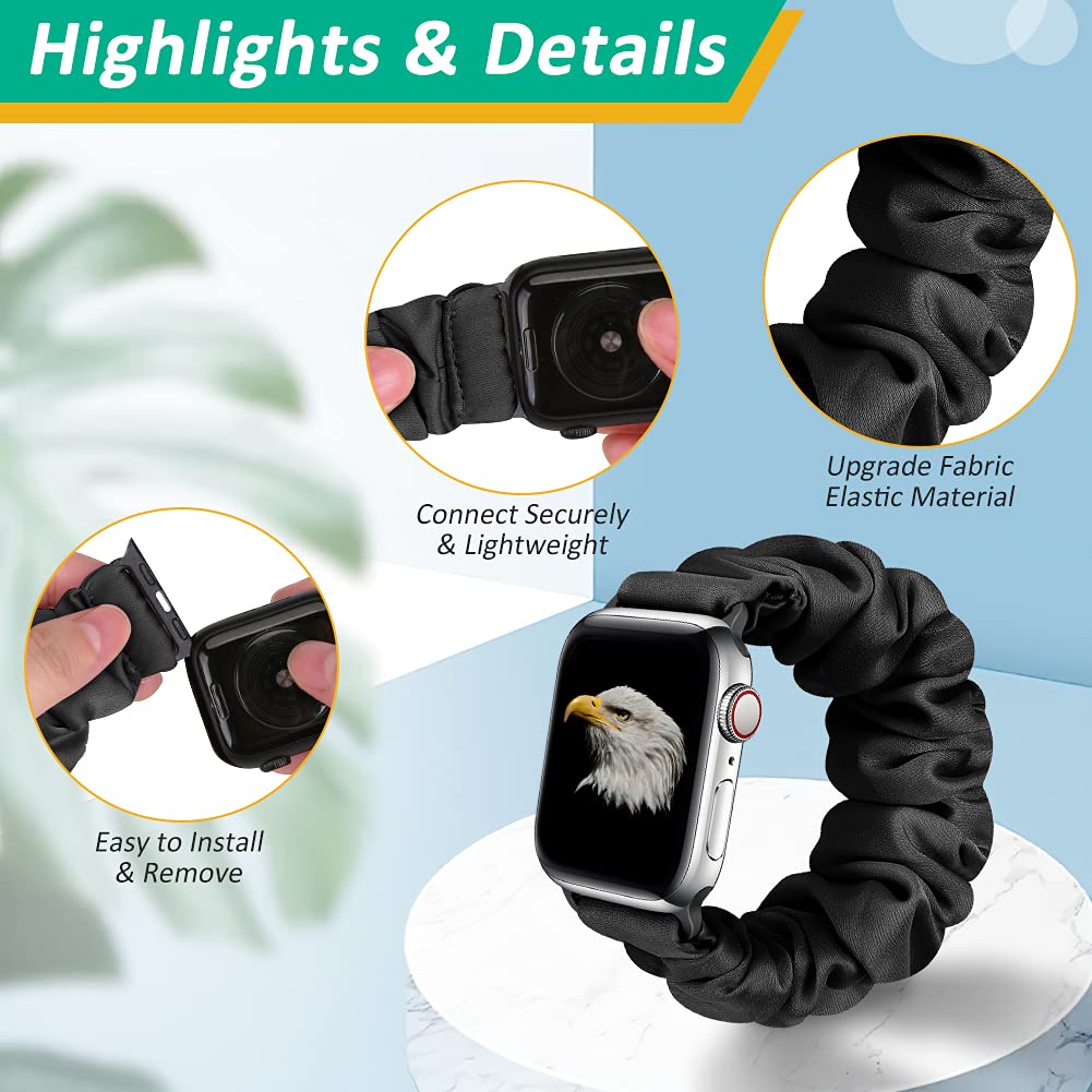3-Pack Apple Watch Bands for Women - Soft Fabric Scrunchies Compatible with iWatch Ultra 2/Series 10/9/8/7/6/5/4/3/2/1/SE (38mm-49mm) - Stylish Printed Wristbands for Workouts, Yoga & Everyday Wear