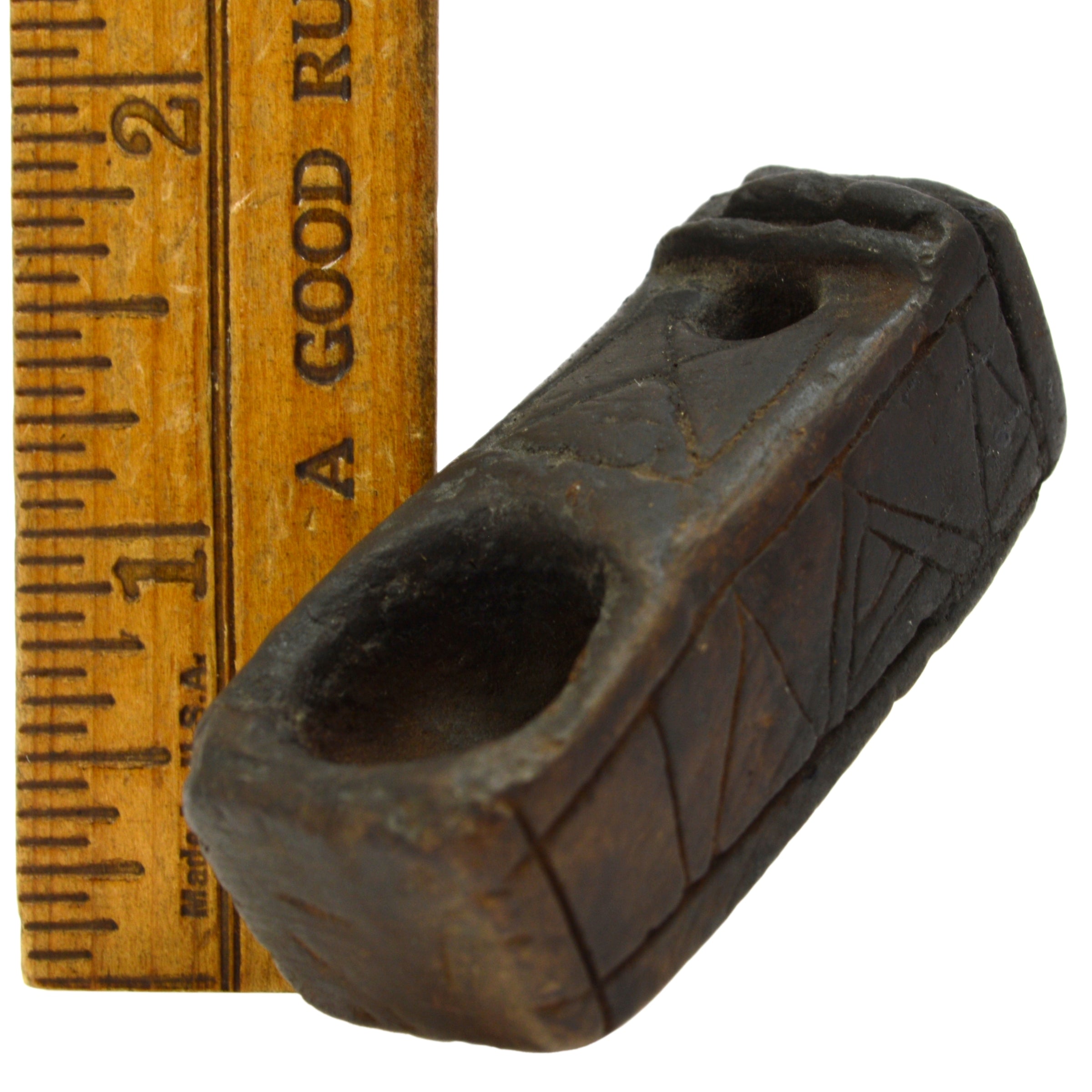 Ancient Steatite Smoking Pipe with Primitive Effigy & Intricate Incised Symbols - Unique Handcrafted Artifact for Collectors & Ritual Use