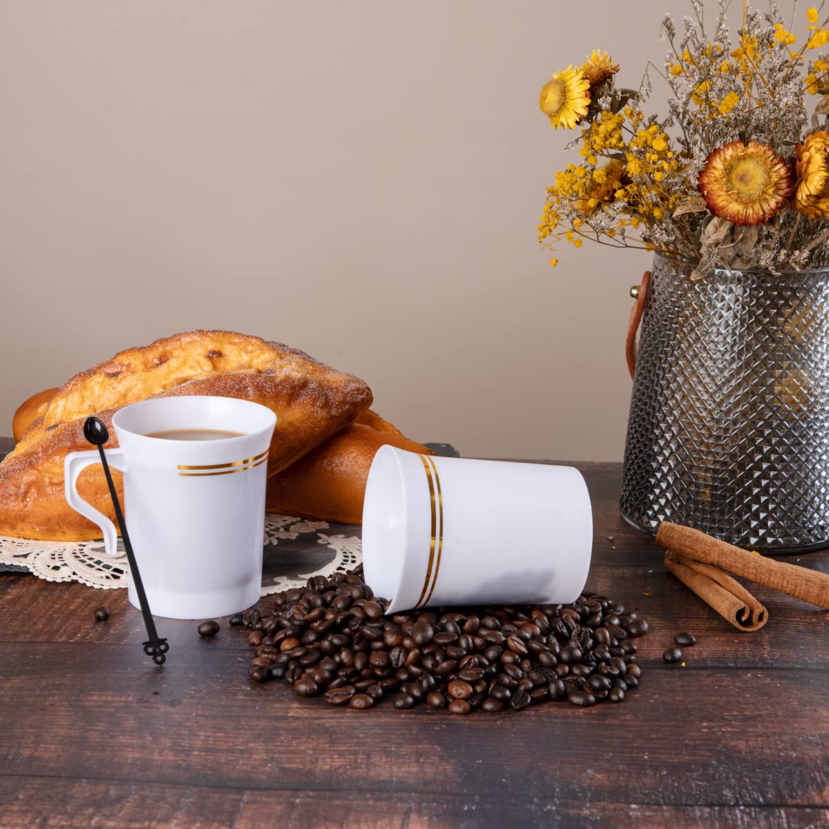 60 Pack 8oz White Disposable Coffee Cups with Handles & Gold Rim - Includes 60 Black Coffee Stirrers (5inch) - Plastic Tea Mugs for Wedding, Party, Office Break Room, and Cafe Use