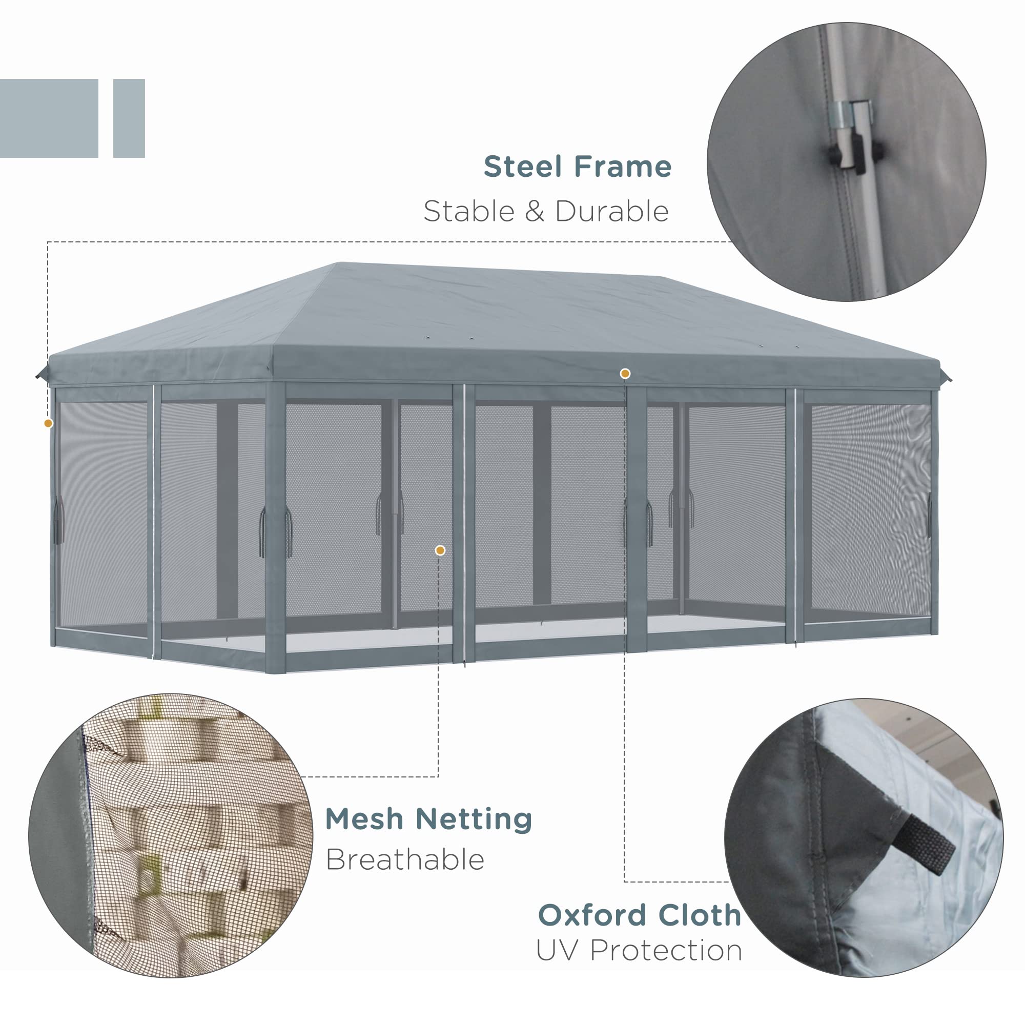 Outsunny 10' x 20' Heavy Duty Pop Up Canopy Tent with Netting - Instant Sun Shelter for Outdoor Parties, Camping, Beach & Backyard - Includes Carry Bag (Gray) - Perfect for Picnics, BBQs, Farmers Markets & Tailgating
