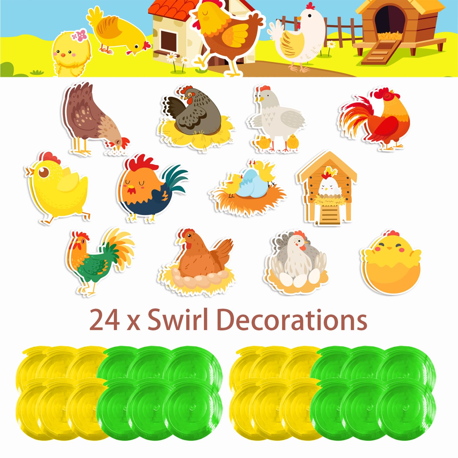 24 Pcs Chicken Hanging Swirls - Farm Animal Ceiling Decorations for Chicken Themed Birthday Parties, Baby Showers & Farmhouse Decor - Perfect for Poultry Lover Gifts & Country Style Home Decor