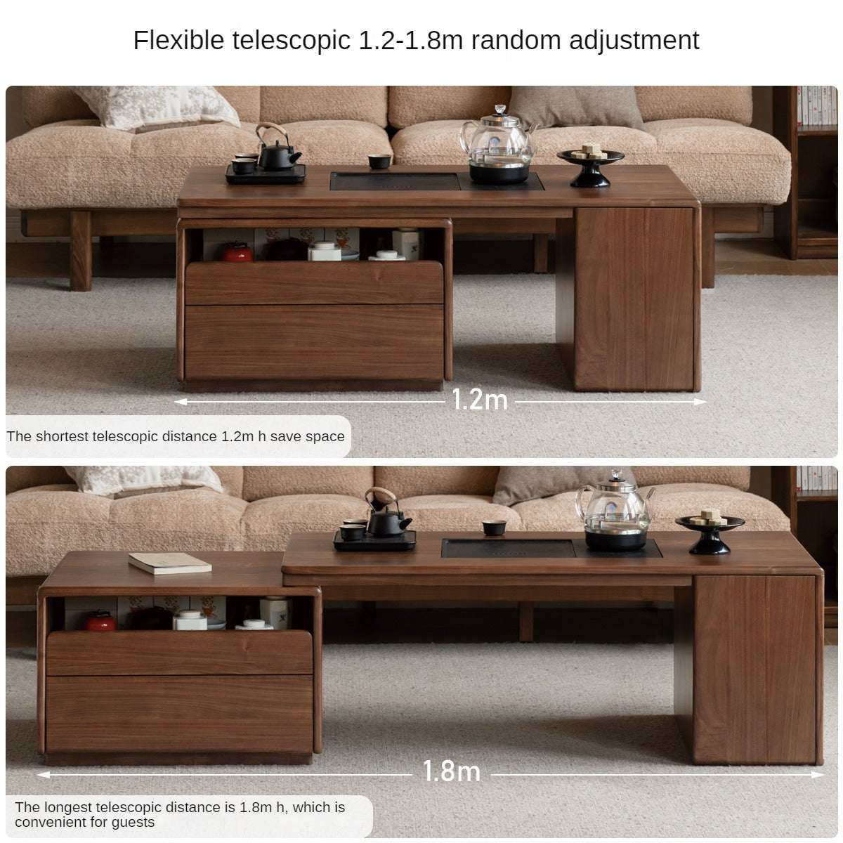 Premium Black Walnut Solid Wood Extendable Coffee Table - Expandable Dining Table for Small Spaces, Living Room Furniture for Home Office & Modern Apartments