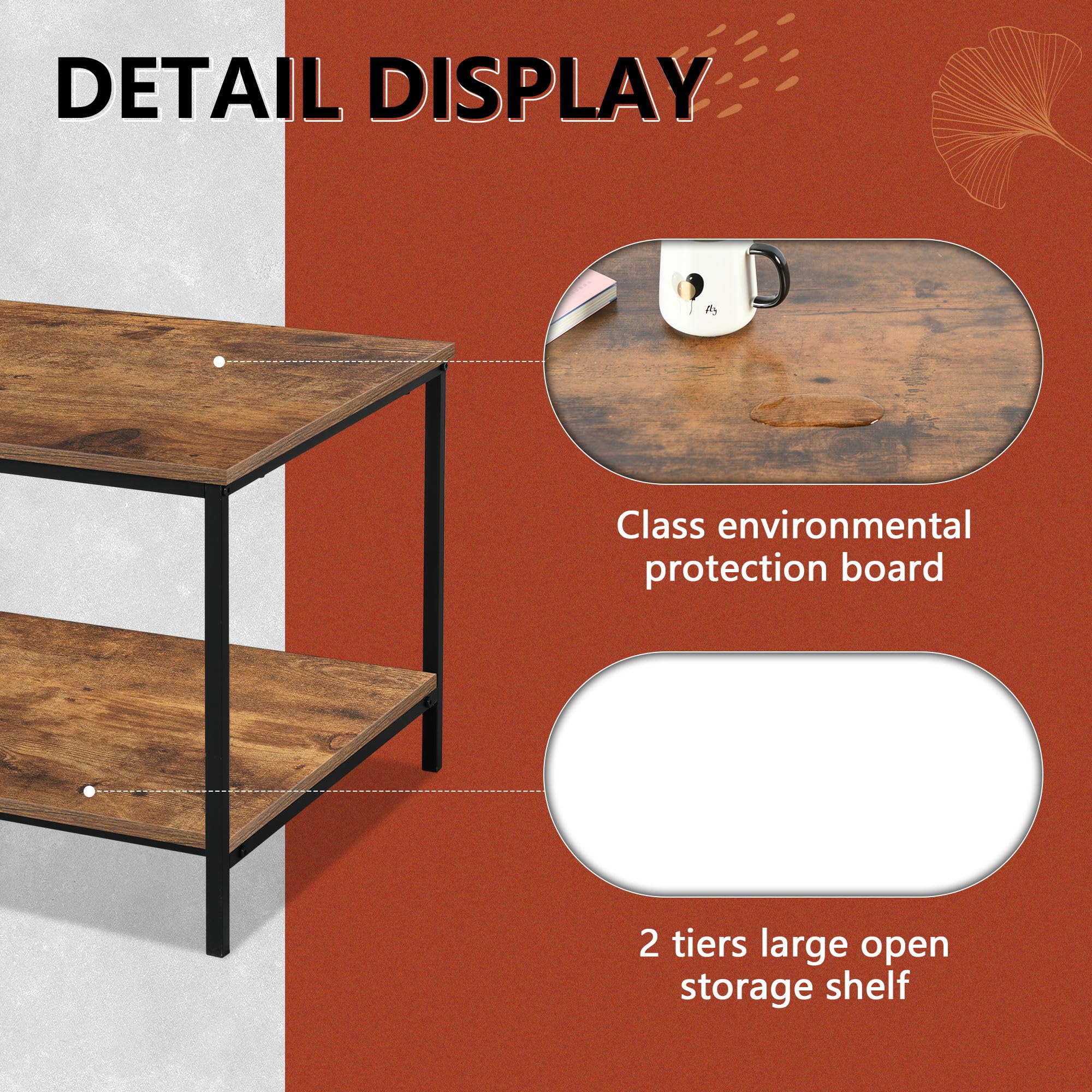 Modern Small Brown Rectangle Wood & Metal Coffee Table with Storage Shelf - Compact Living Room Furniture for Apartments, Dorms & Small Spaces