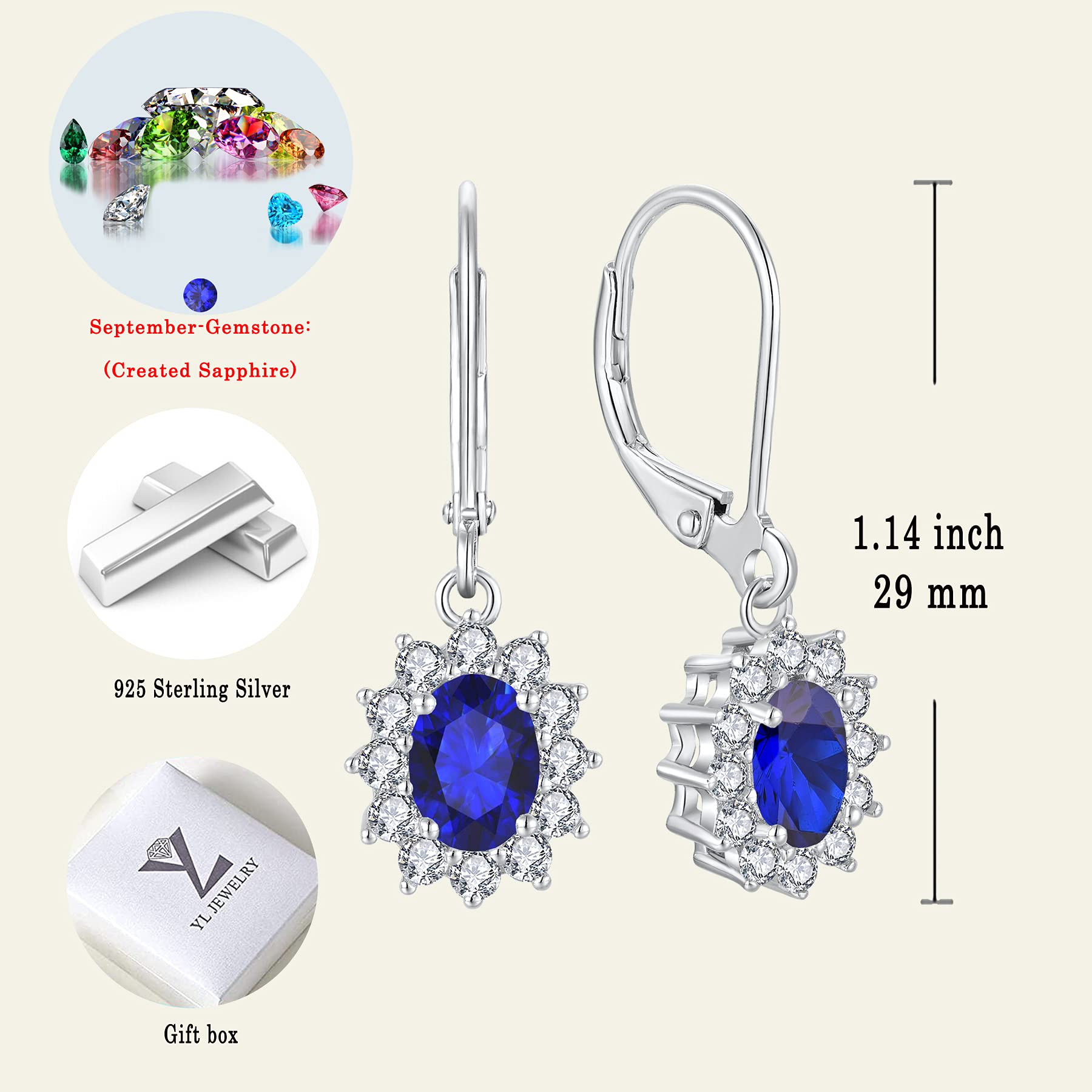 YL Sterling Silver Halo Princess Diana Drop Earrings for Women - Dangle Leverback Birthstone Jewelry - Perfect for Weddings, Parties & Special Occasions