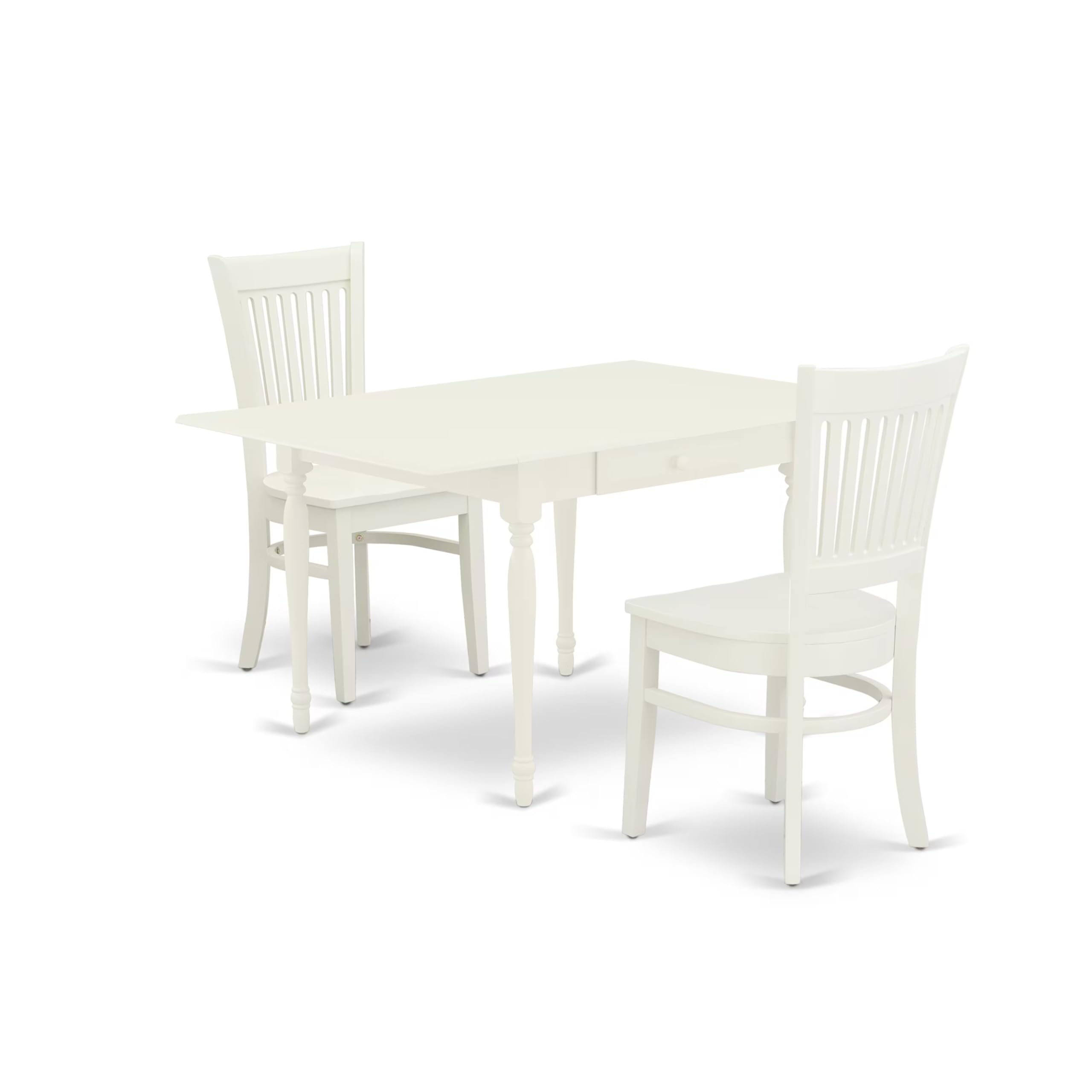 East West Furniture MZVA3-LWH-W 3-Piece Small Space Dinette Set with Drop-Leaf Rectangular Dining Table & 2 Chairs, 36x54 Inch, Linen White - Perfect for Apartments, Breakfast Nooks & Cozy Kitchens