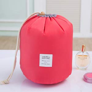INVODA Large Waterproof Travel Makeup Bag for Women - Barrel Shaped Cosmetic Organizer with Drawstring, Soft Portable Toiletry Bag for Makeup Brushes & Essentials (Red) - Perfect for Vacation, Gym & Daily Use