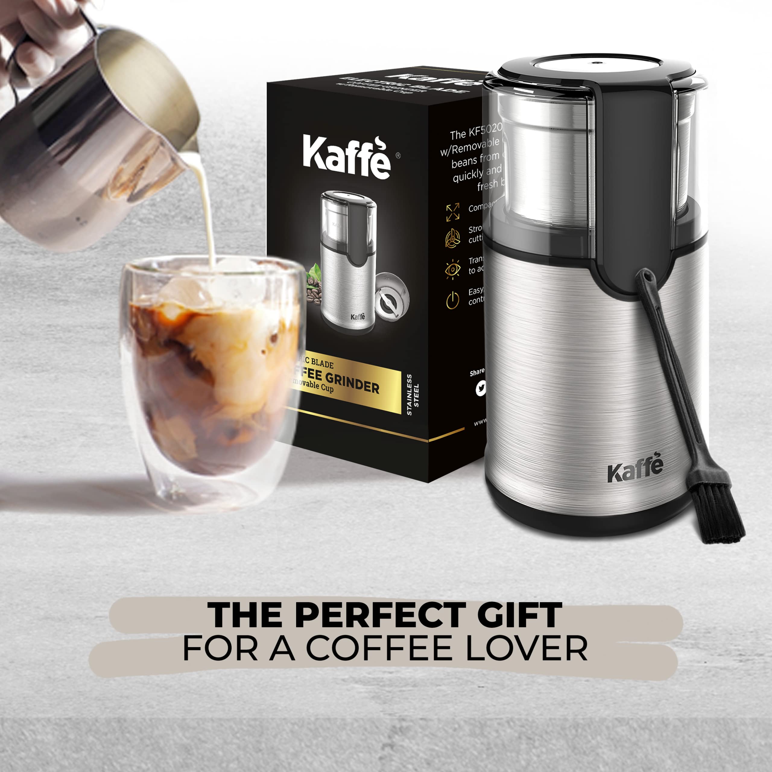 Premium Stainless Steel Electric Coffee Grinder with Removable Cup (3.5oz) - Includes Cleaning Brush - Espresso & Coffee Bean Grinder for Home, Office & Travel - Perfect for French Press, Pour Over & Cold Brew - Silver