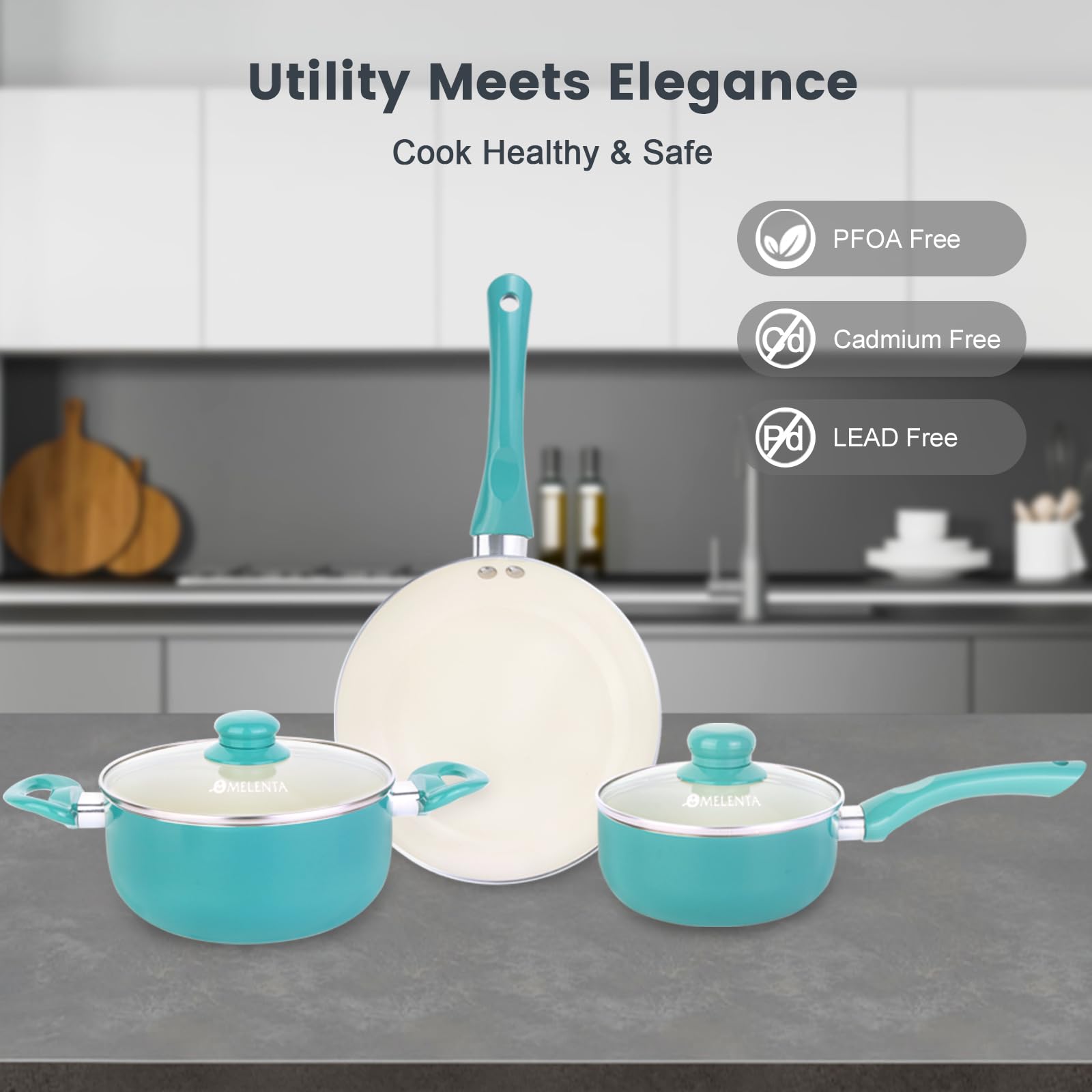 7-Piece Nonstick Ceramic Cookware Set - Induction Compatible Pots and Pans with Stay-Cool Handles, PFOA Free, Turquoise - Perfect for Everyday Cooking, Frying & Sauteing in Modern Kitchens