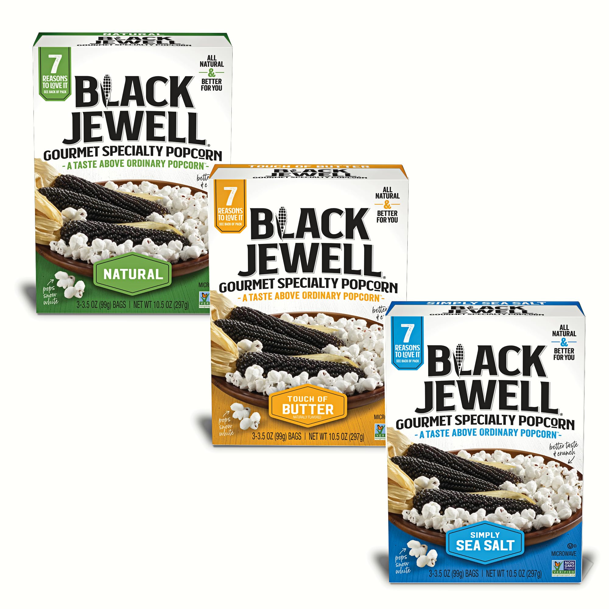 Black Jewell Gourmet Microwave Popcorn Variety Pack - Natural, Touch of Butter, Simply Sea Salt (3-Pack) - Perfect for Movie Nights & Snacking