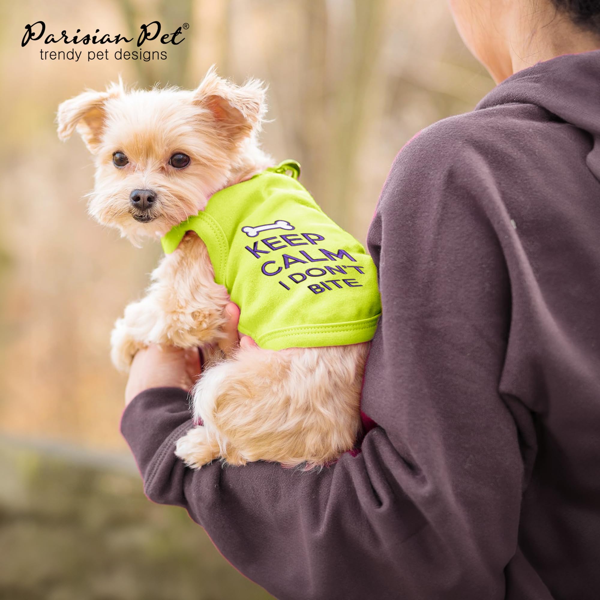 Parisian Pet Dog T-Shirt - Embroidered 'Keep Calm I Don't Bite' Sleeveless Dog Shirt - Breathable Lightweight Dog Vest for Small Breeds - Machine Washable Pet Clothing - Perfect for Walks, Pet Parties & Photo Shoots