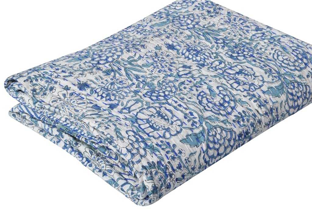 YUVANCRAFTS Indian Hand Block Print Kantha Quilt - 100% Cotton Throw Blanket & Bedspread - Queen Size (90x108 Inches) - White - Perfect for Home Decor, Bedroom & Living Room