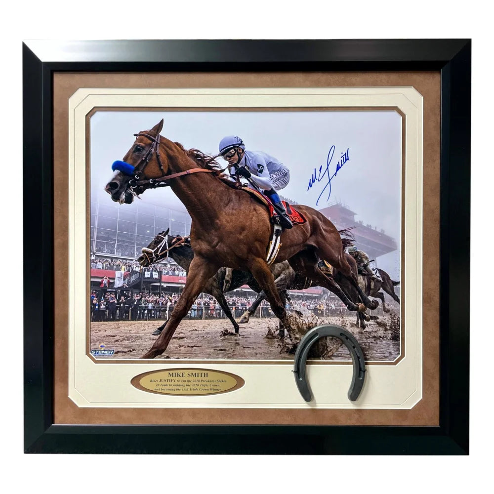 Mike Smith Signed Justify 16x20 Framed Photo with Steiner COA - Triple Crown Champion Autographed Horse Racing Memorabilia - Perfect for Sports Collectors and Kentucky Derby Fans