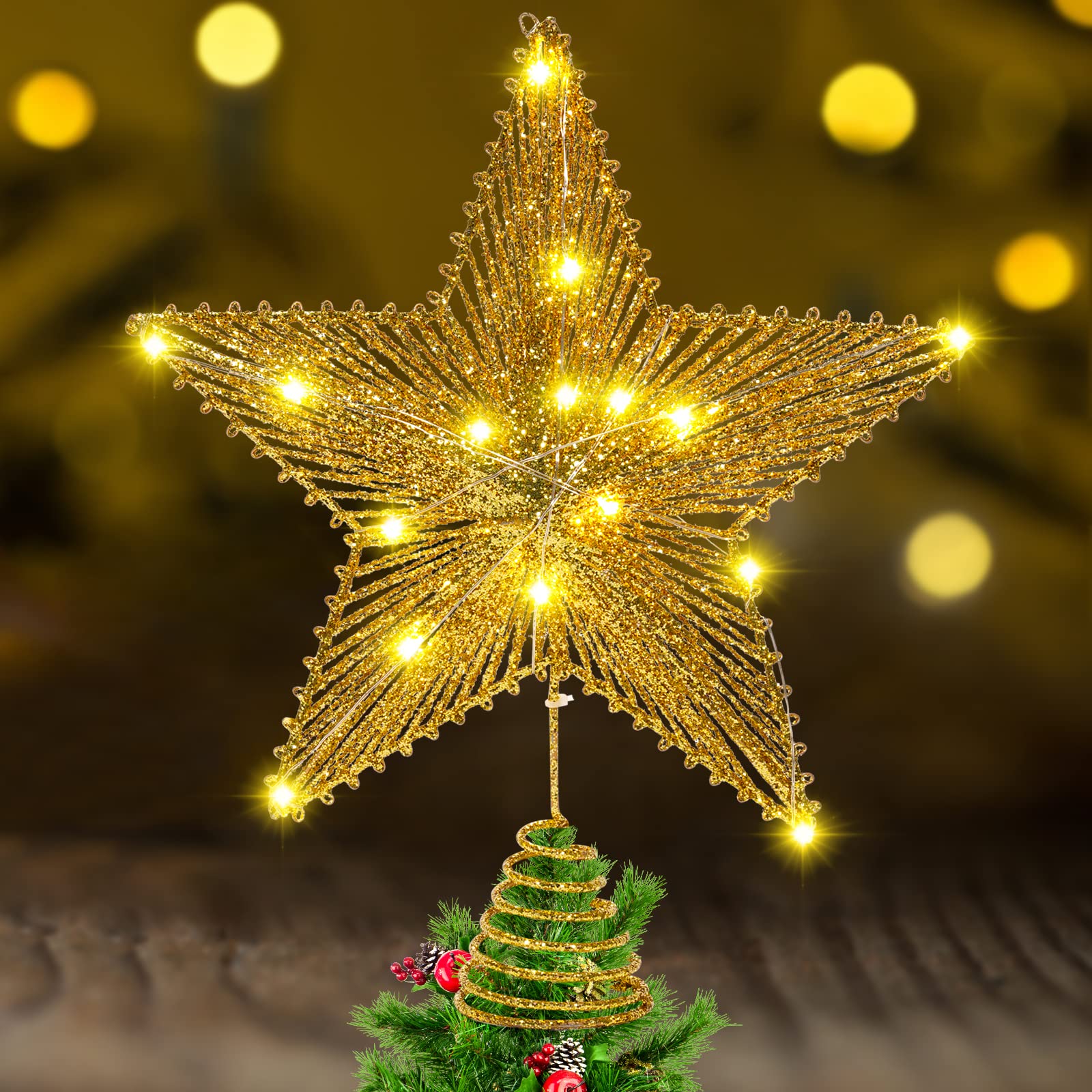 MyoGrip Gold LED Christmas Tree Topper Star - 20 Warm White Lights for Holiday Decorations | Perfect for Home, Office & Christmas Party Decor