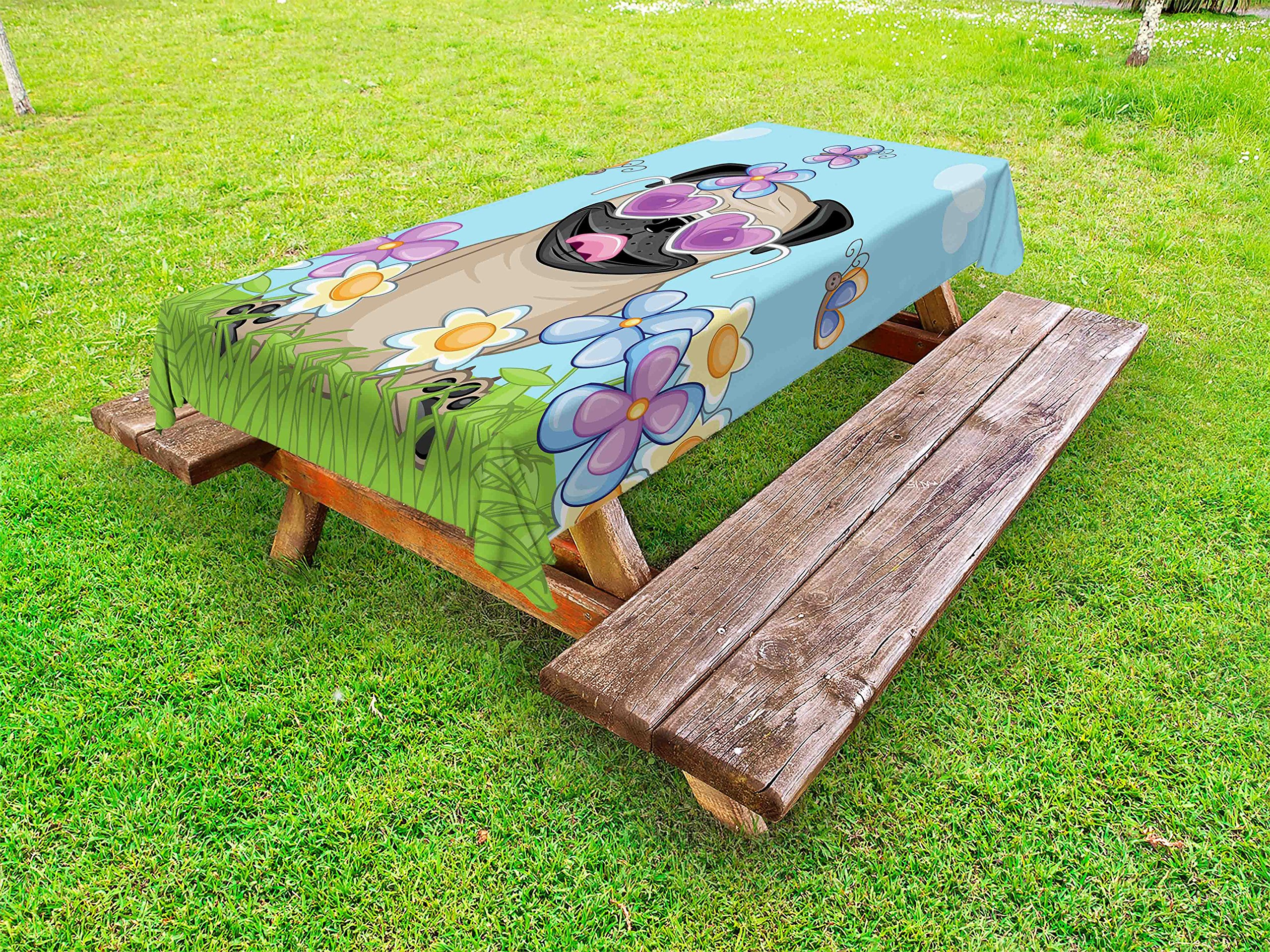 Ambesonne Waterproof Outdoor Tablecloth - Cute Pug Puppy with Flowers, Butterflies & Heart Clouds Design - 58x104 Inch Sky Blue Washable Picnic Table Cover for Garden Parties, BBQs & Outdoor Dining