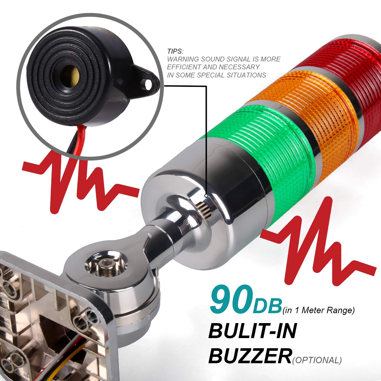 12-24V LED Stack Tower Light with Buzzer - Industrial Warning & Andon Signal Beacon - Continuous/Flashing Mode Switchable - 1 Layer Column Indicator for Factory Automation, Warehouse Safety & Equipment Monitoring