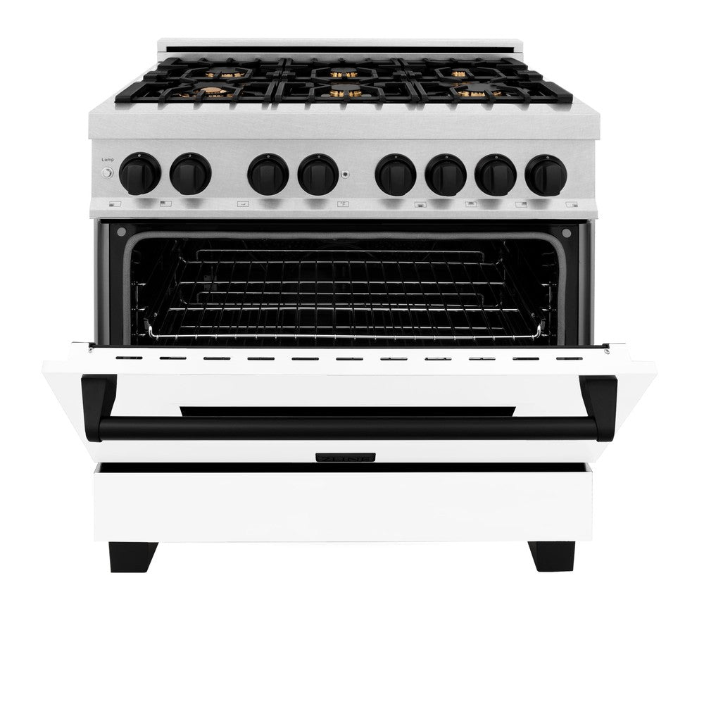 ZLINE Autograph Edition 36-inch Stainless Steel Dual Fuel Range with White Matte Door & Matte Black Range Hood - Professional Kitchen Package for Home Chefs | Perfect for Modern Kitchens & Gourmet Cooking