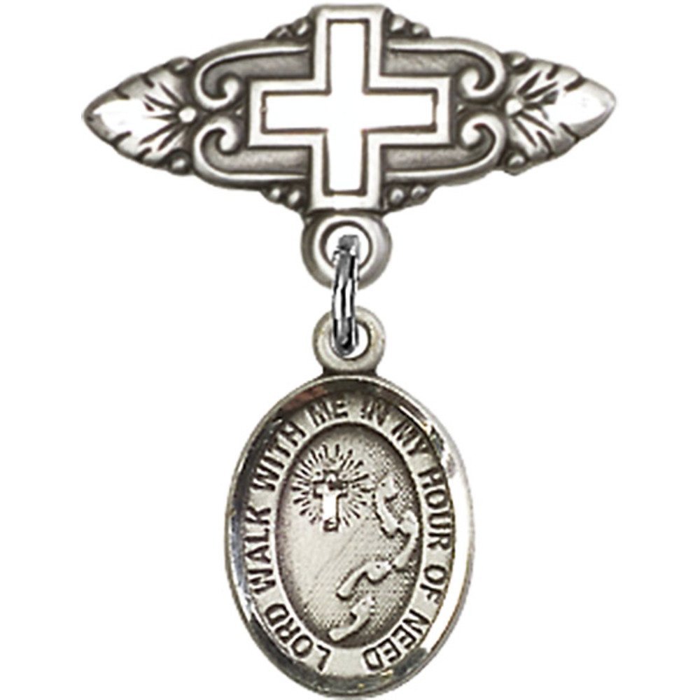 Sterling Silver Baby Badge with Footprints & Cross Charm - 1 X 3/4 Inch Religious Keepsake Pin for Christening, Baptism & Newborn Gifts